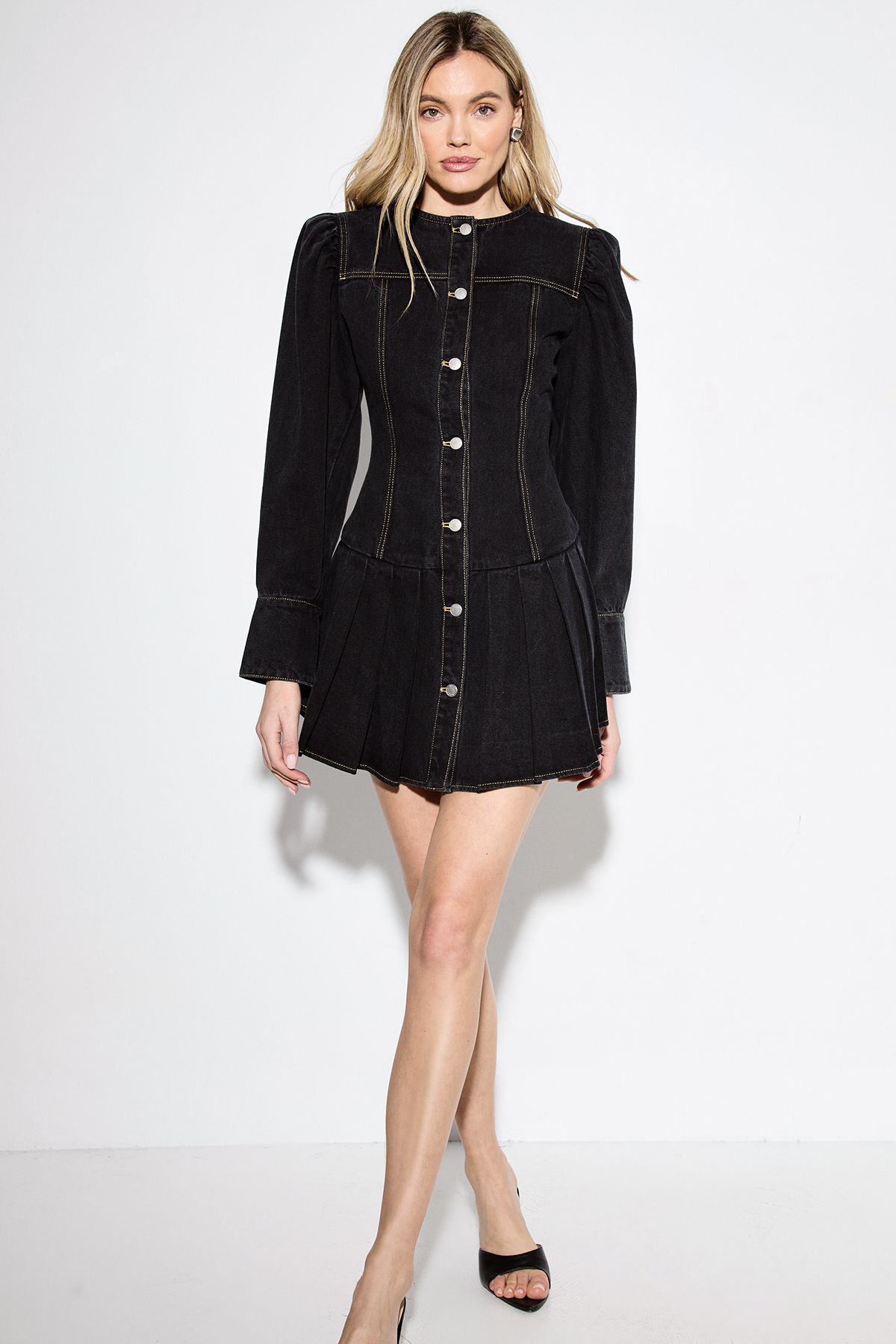 MissPap Premium Denim Pleat Hem Balloon Sleeve Dress Washed Black image 1