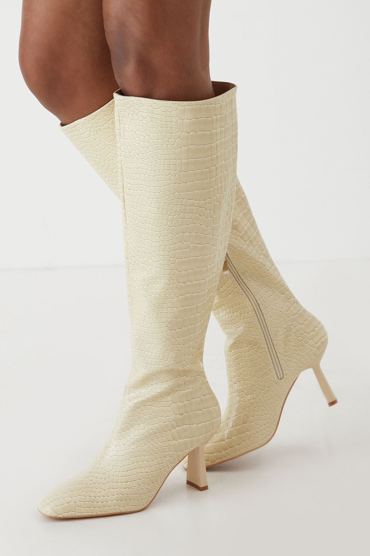 MissPap Leather Look Croc Wide Heel Boots Cream image 2