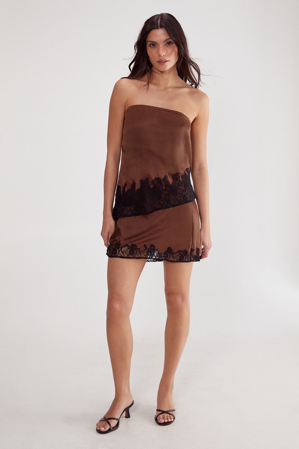 NastyGal Satin Lace Cutwork Bandeau Asymmetric Top Chocolate image 2
