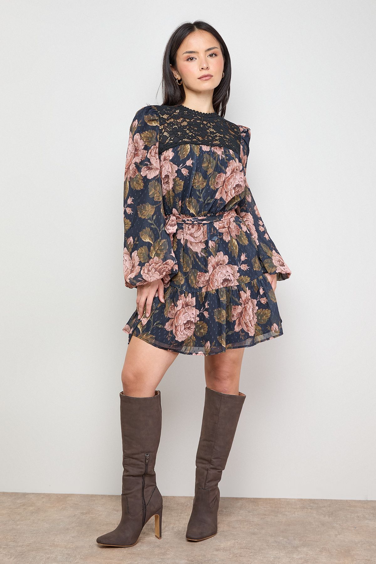 Oasis Petite Lace Front Belted Waist Long Sleeve Mini Dress Rose image 4