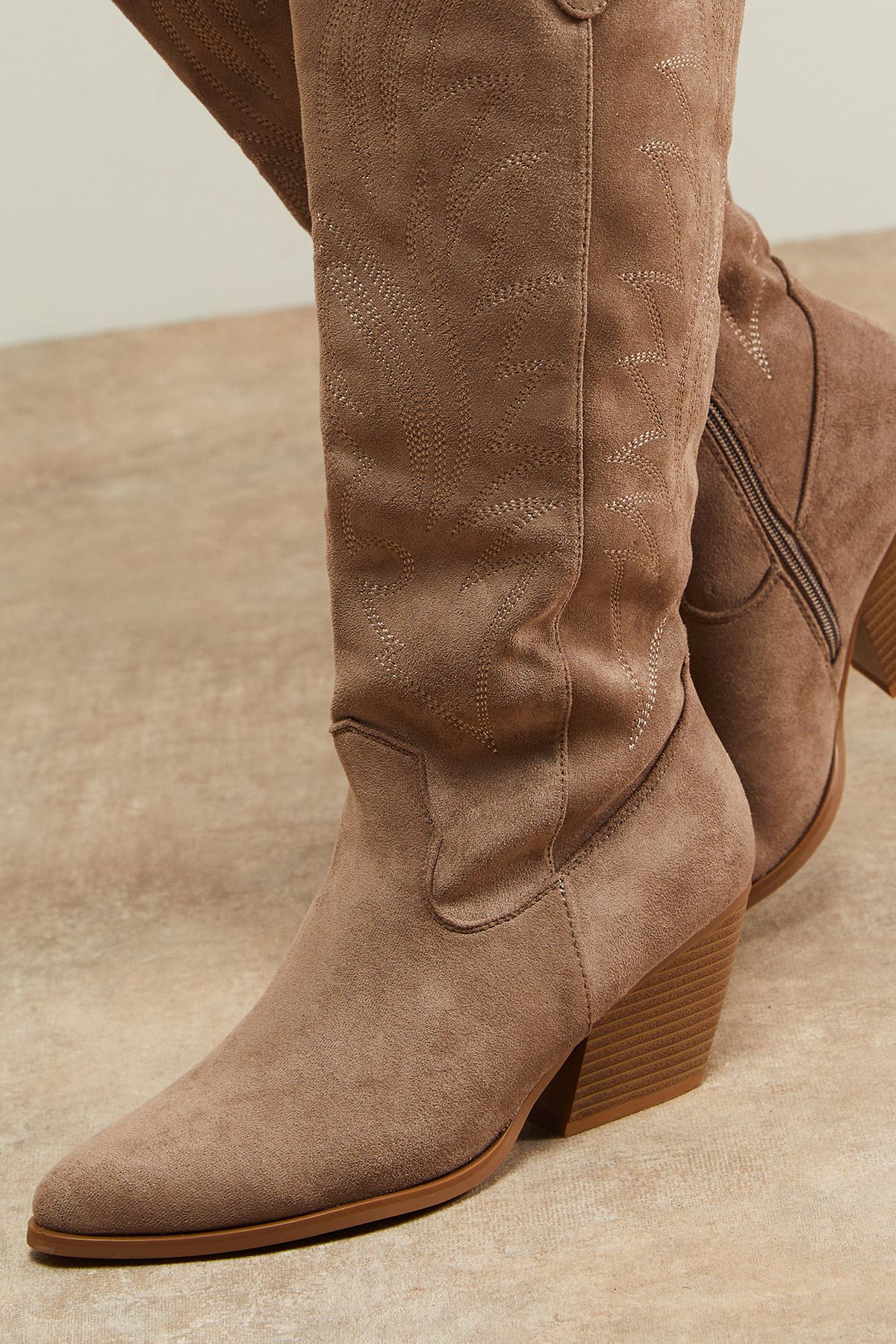 Oasis Maggie Faux Suede Embroidered Knee High Western Boots Taupe image 4