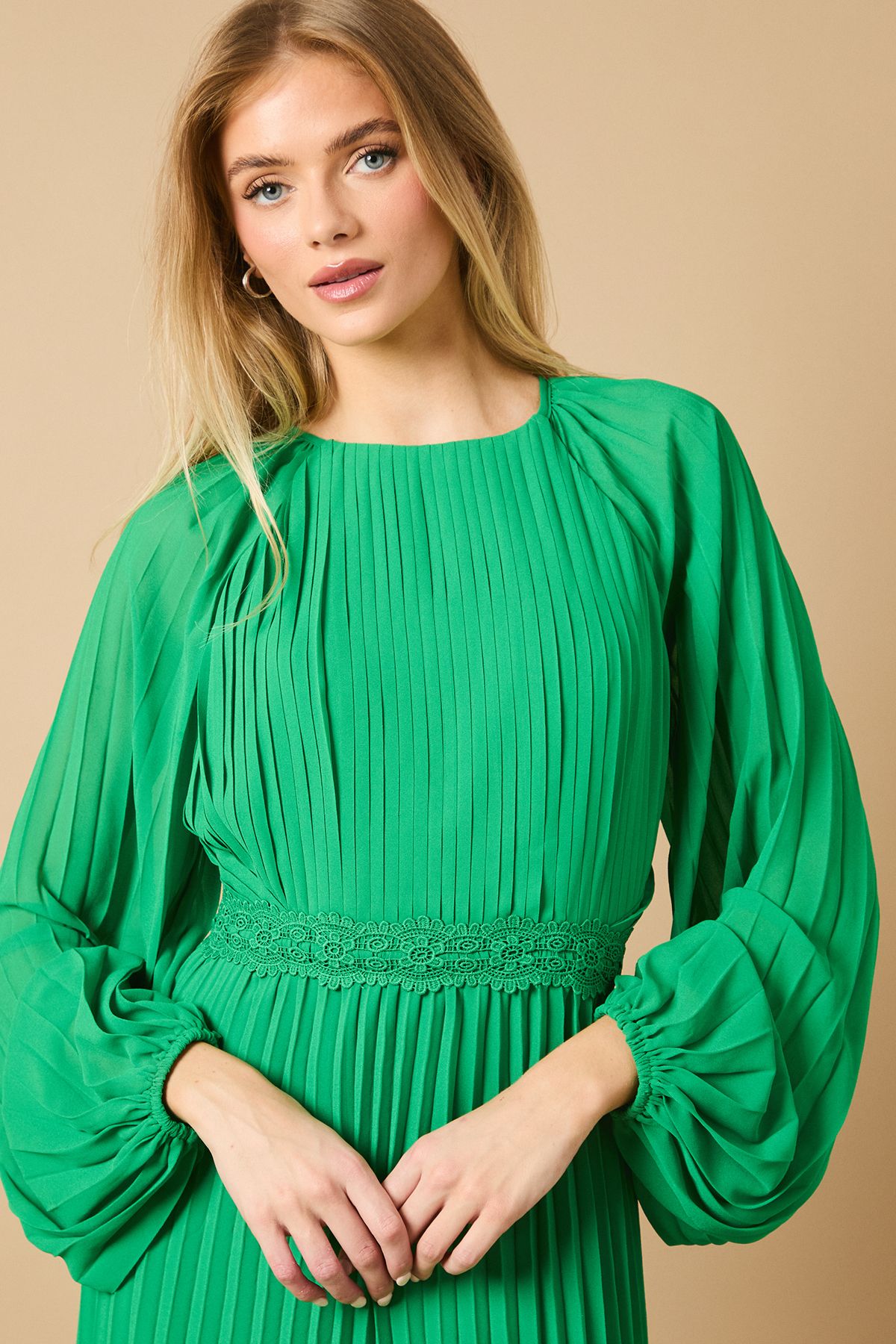 Oasis High Neck Mesh Long Sleeve Maxi Dress Green image 4
