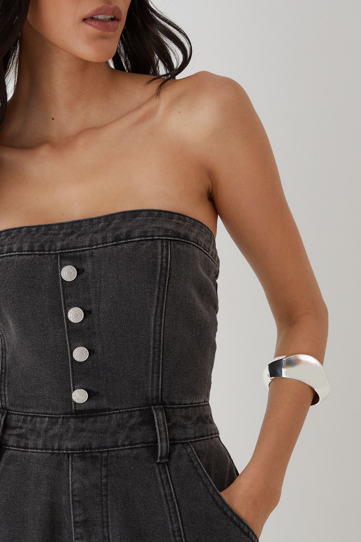 MissPap Bandeau Button Up Denim Jumpsuit Washed Black image 3