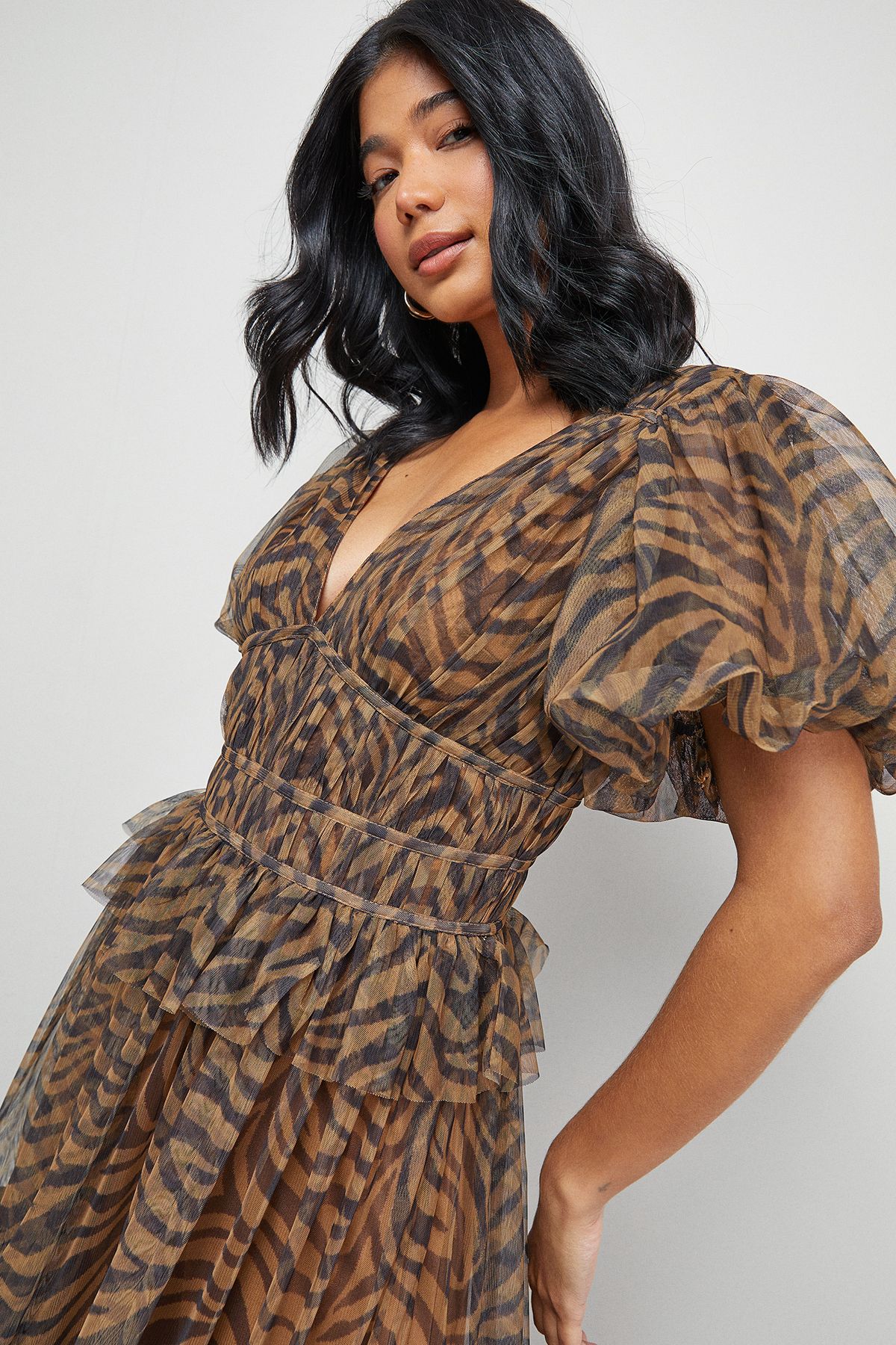 Warehouse Zebra Print Tulle Ruffle Maxi Dress Animal image 4