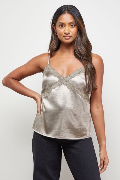 Oasis Satin Lace Detail V Neck Strappy Cami Top Pewter