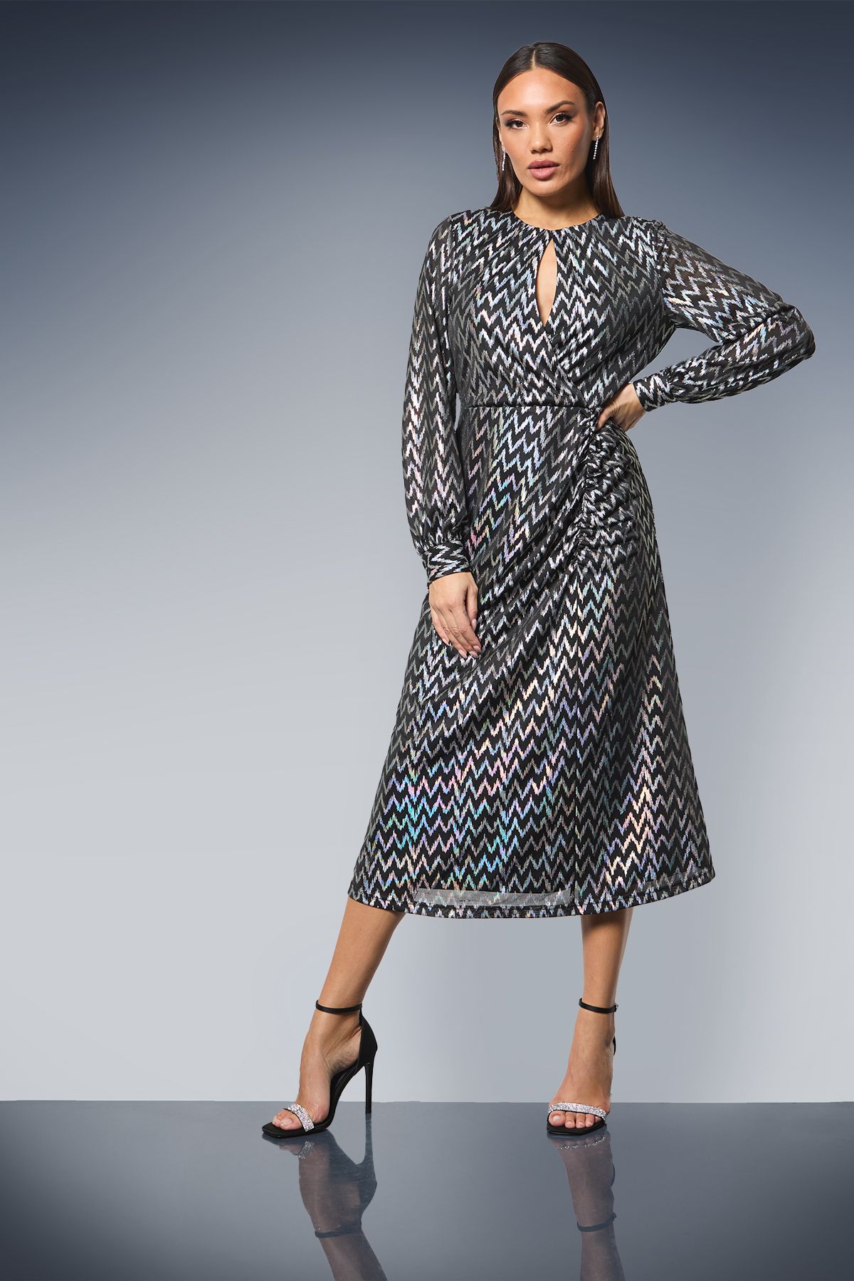 Principles Keyhole Detail Ruched Front Metallic Detail Jersey Midi Dress Black