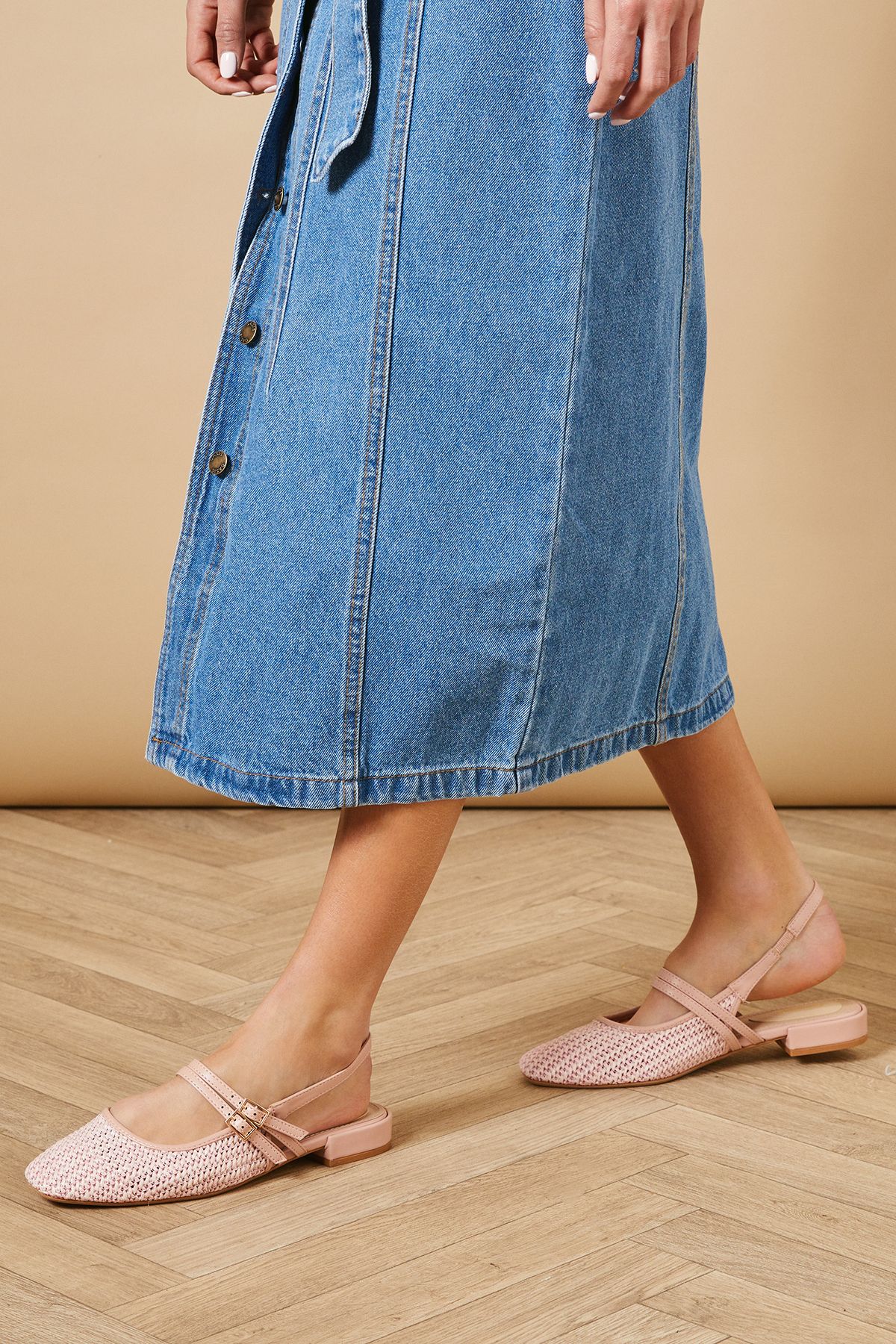 Oasis Peanut Woven Double Mary-Jane Square Toe Slingback Ballet Pumps Blush image 3