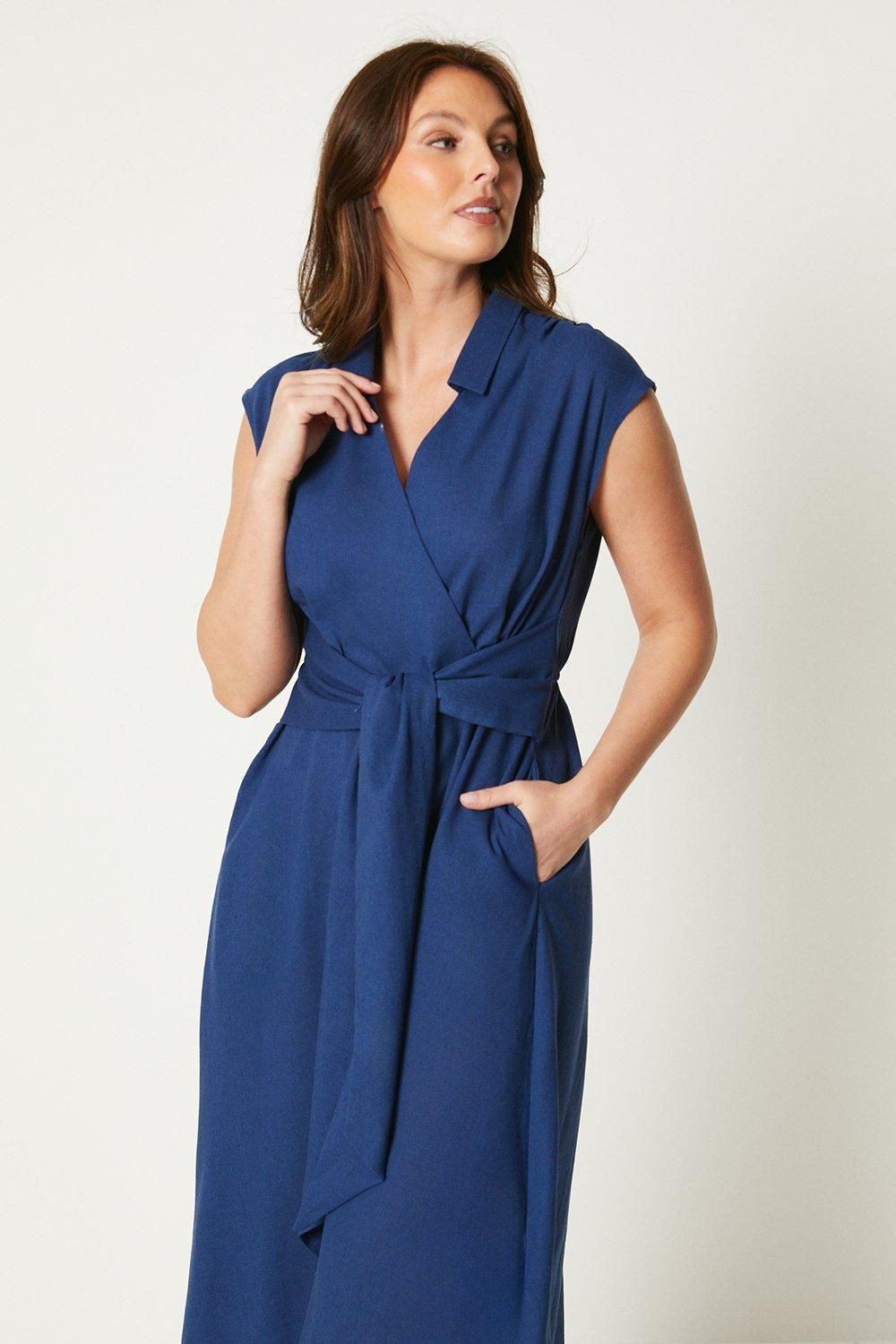 Principles Linen Blend Belted Midi Dress Blue image 2