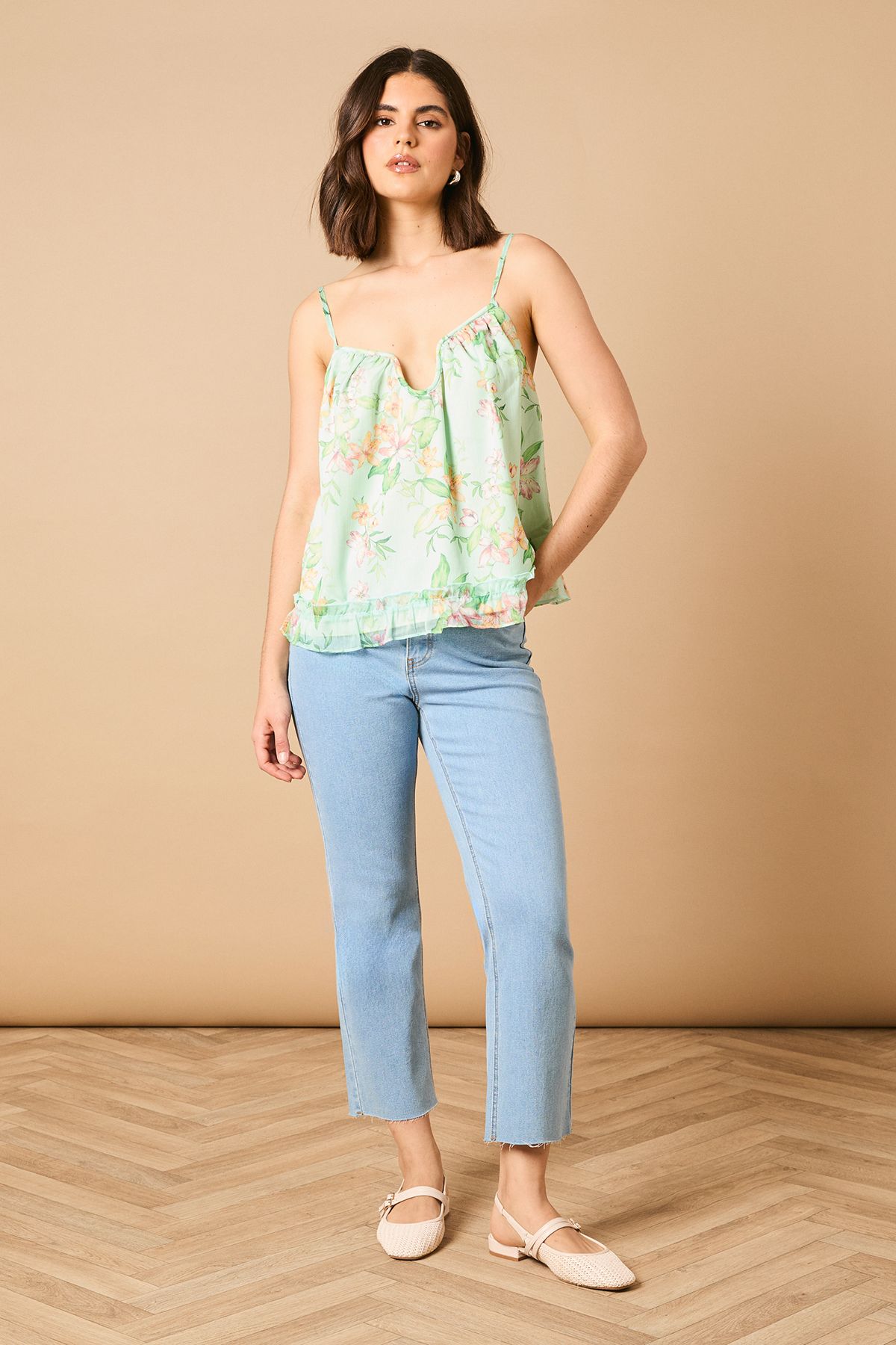 Oasis Printed Frill Detail Babydoll Cami Top Mint