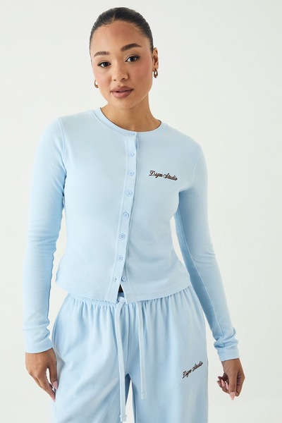DSGN Studio DSGN Studio Ribbed Script Embroidery Button Through Long Sleeve Top Light Blue