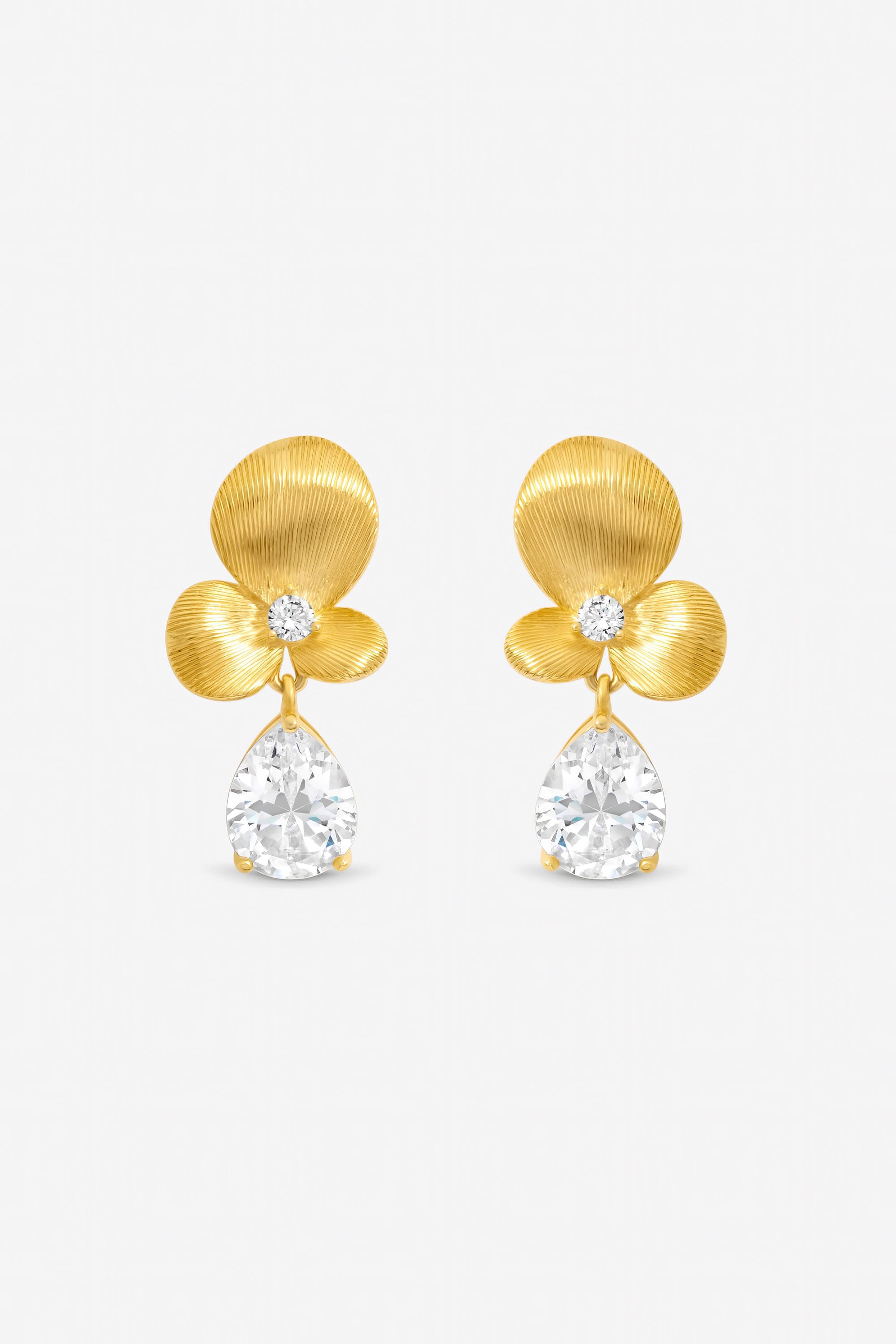 Jon Richard Gold Plated Brushed Floral and Crystal Drop Earrings