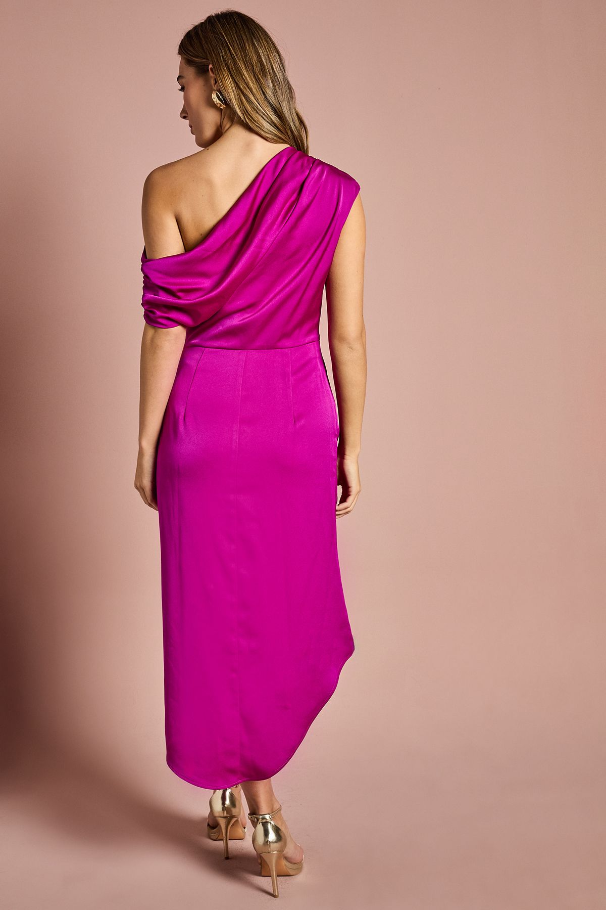 Coast Satin Ruched One Shoulder Asymmetric Hem Midi Dress Dark Pink image 3