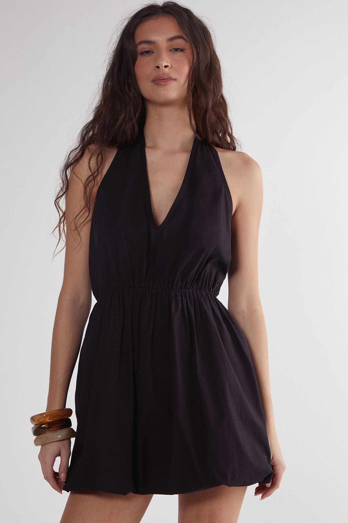 NastyGal Cotton Poplin Halter Neck Puffball Mini Dress Black image 2