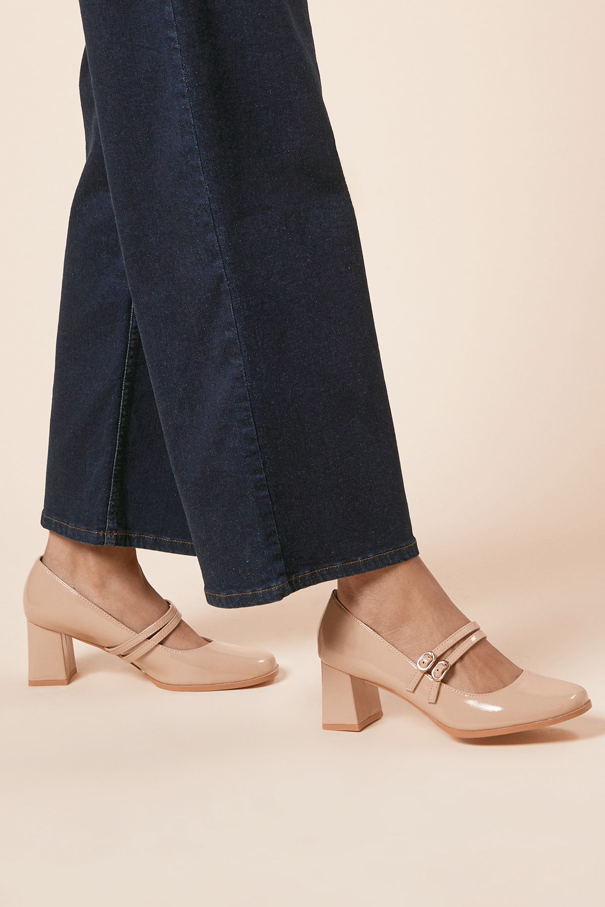 Oasis Catalina Patent Double Mary Jane High Block Heeled Shoes Beige image 3