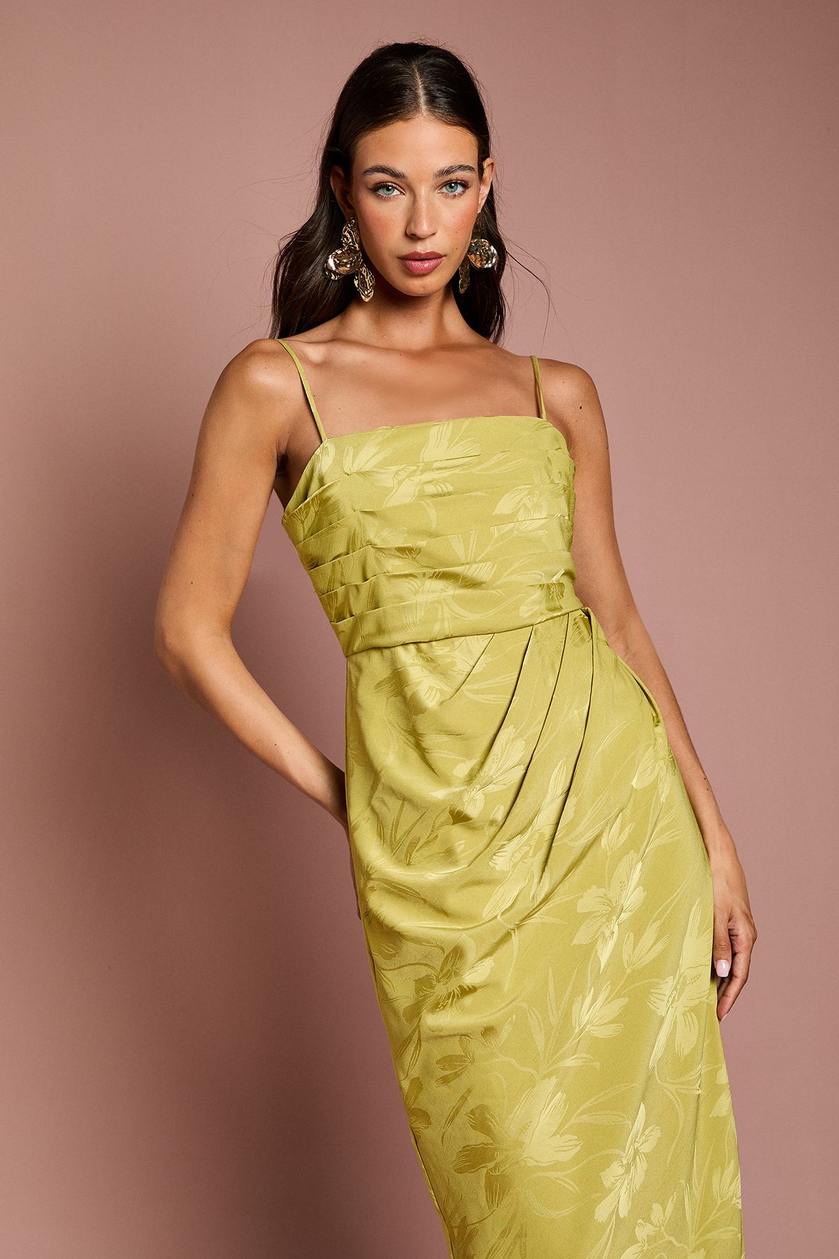 Coast Jacquard Satin Midaxi Dress With Wrap Skirt Olive image 2