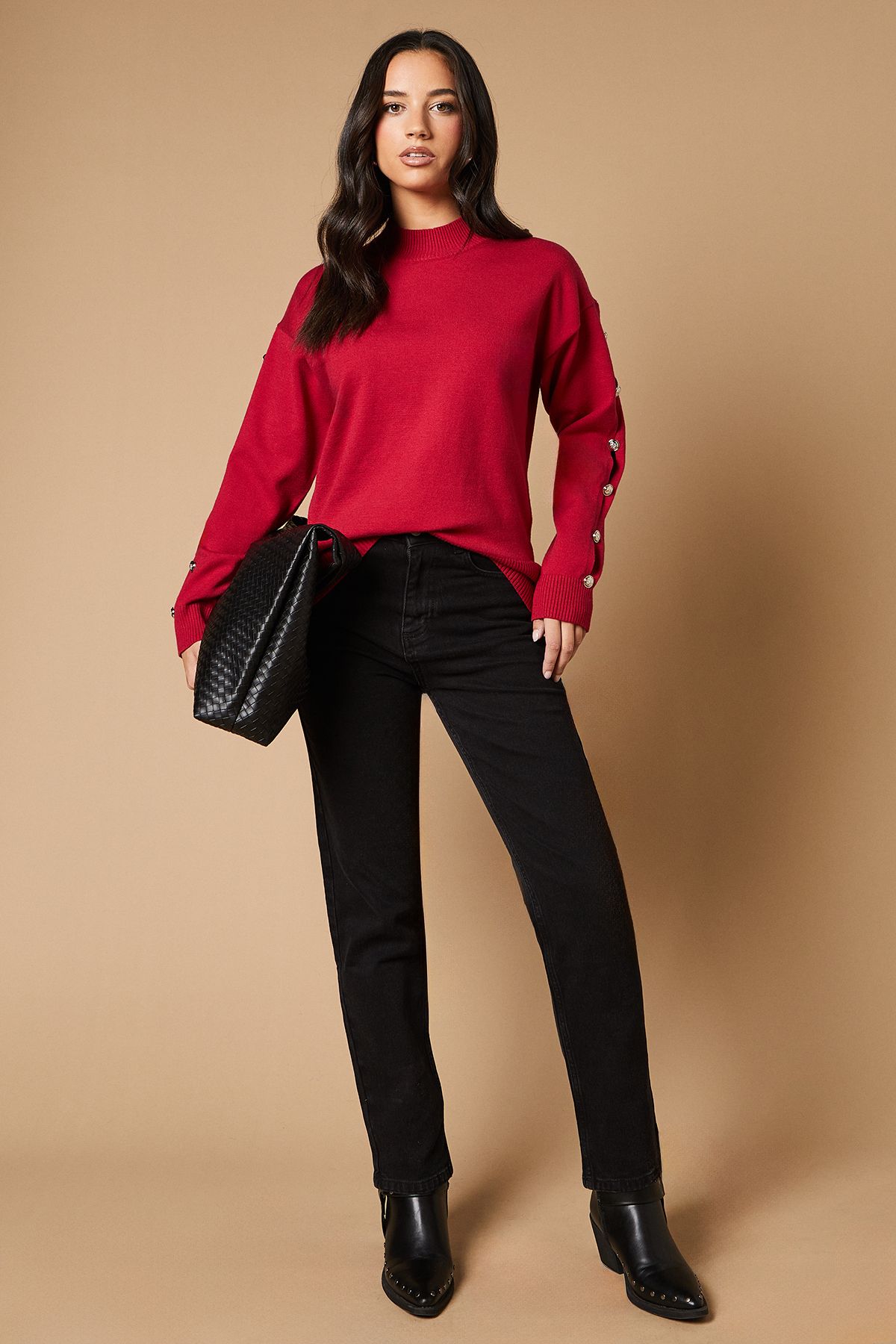 Oasis Button Down Sleeve High Neck Jumper Red image 4