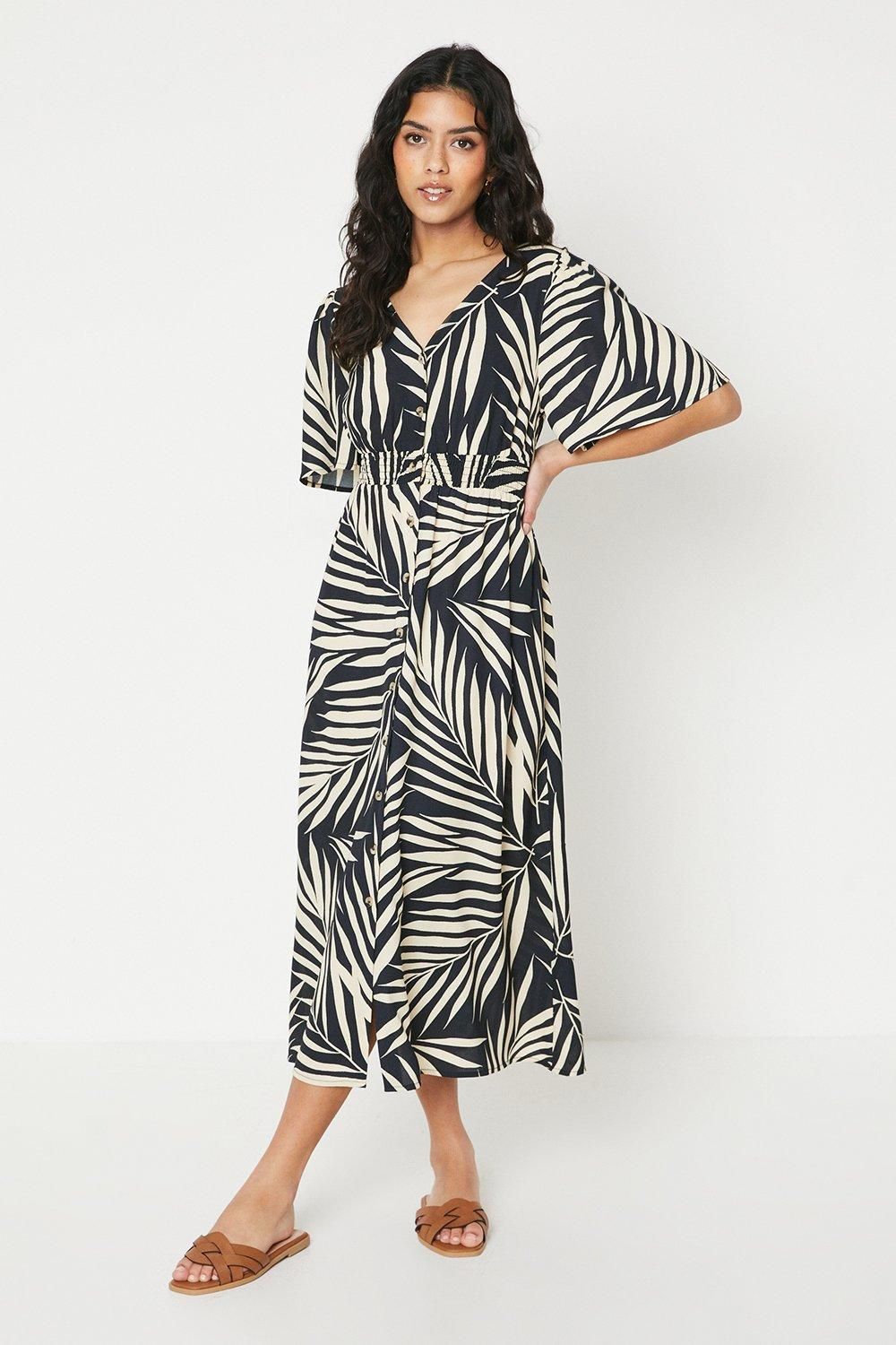 Dorothy Perkins Petite Palm Print Button Through Midi Dress With Pockets Black image 1