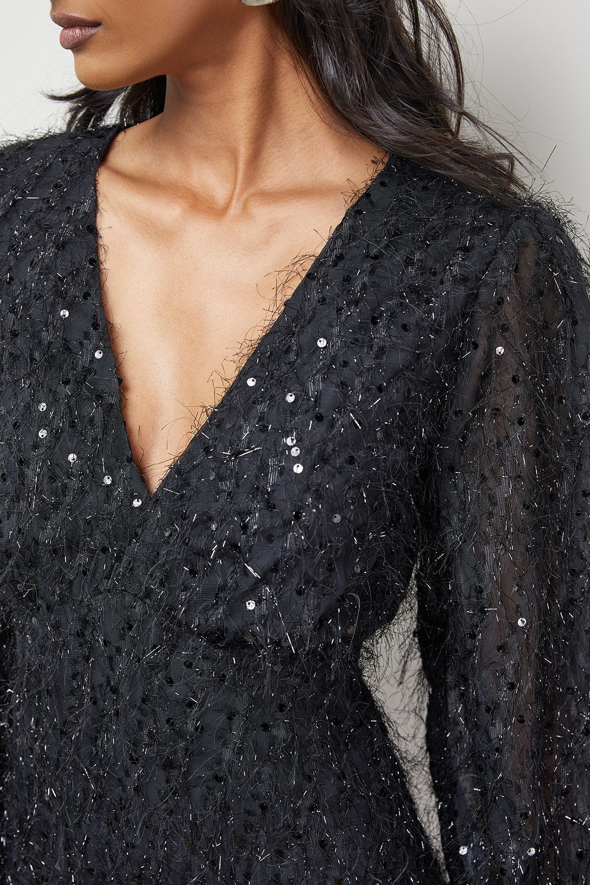 Warehouse Sequin Embellished Fluffy Plunge Neck Midi Dress Black image 5