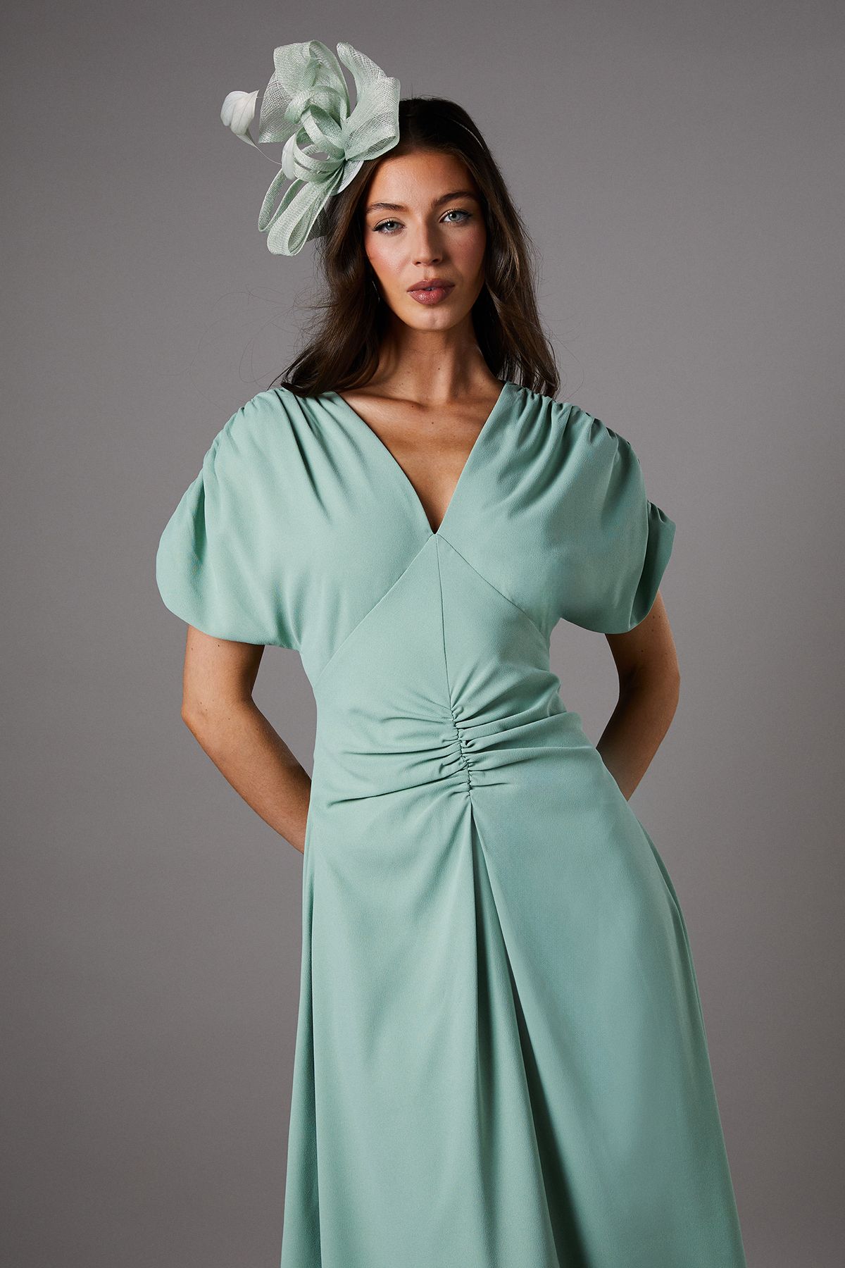 Coast Ruched Sleeve V Neck Midi Dress Sage image 2
