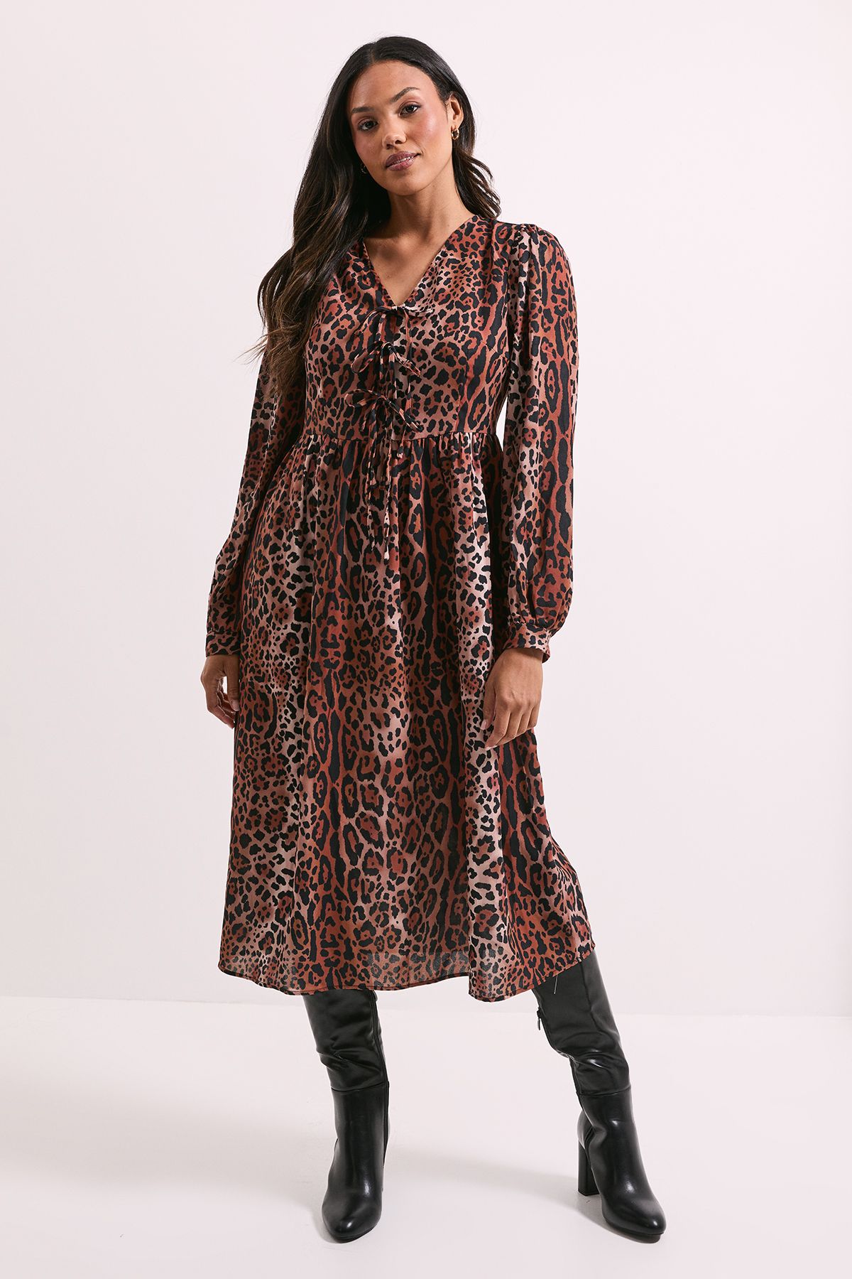 Dorothy Perkins Leopard Animal Bow Front Blouson Sleeve Printed Midi Dress Multi