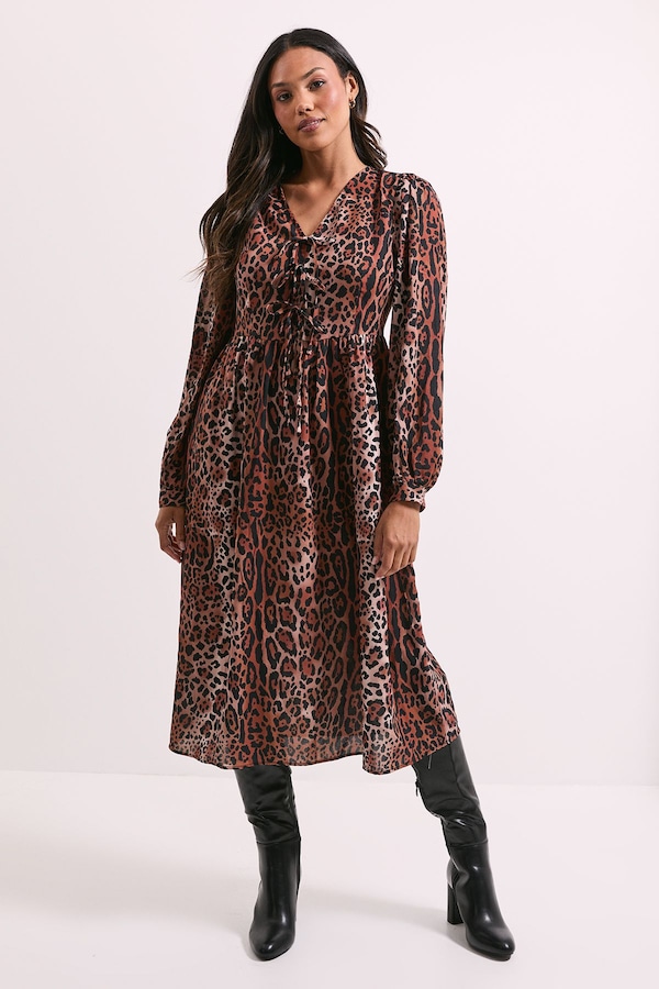 Dorothy Perkins Leopard Animal Bow Front Blouson Sleeve Printed Midi Dress Multi