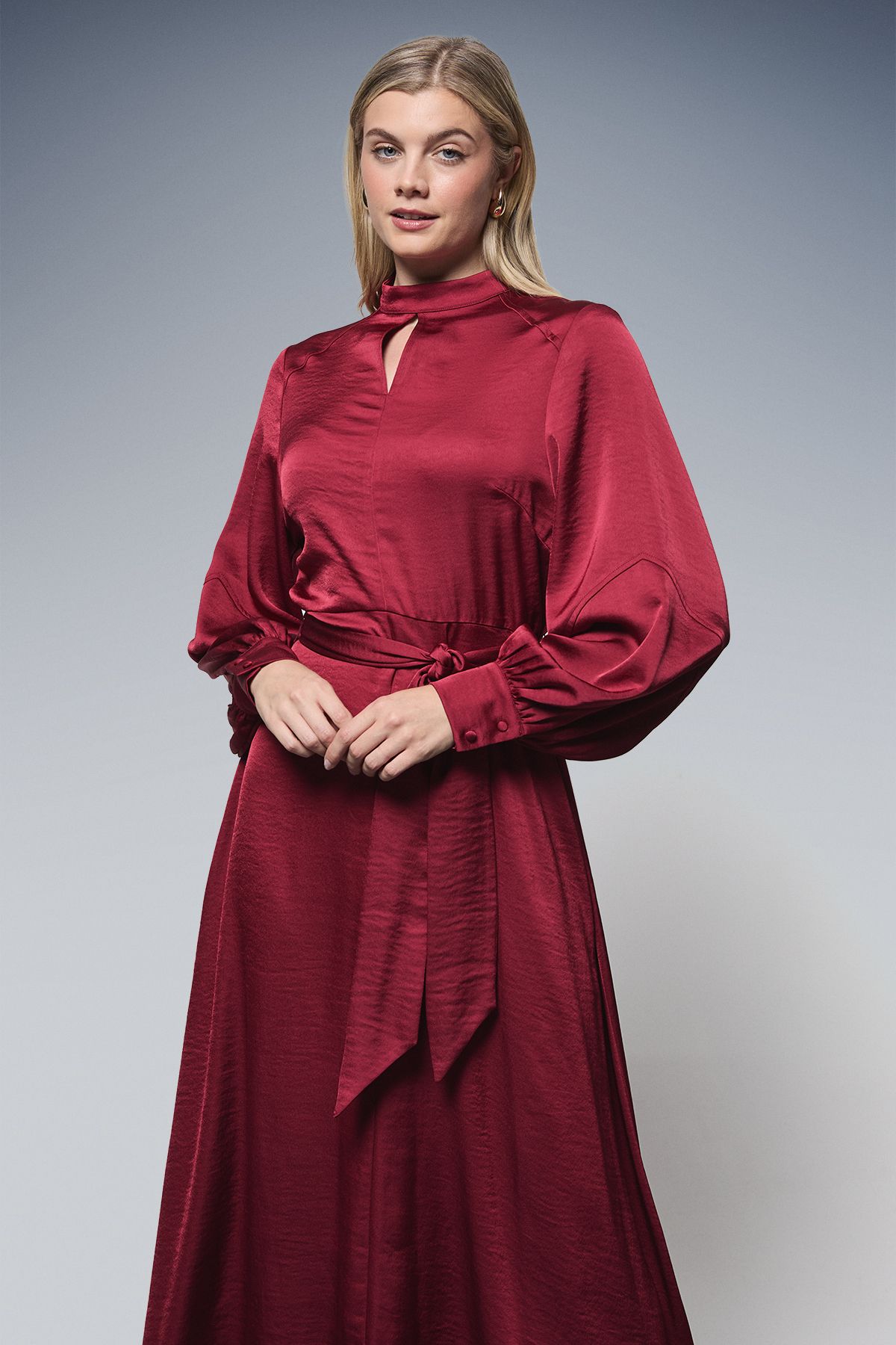 Principles Tie Waist High Neck Satin Midi Dress Wine image 2