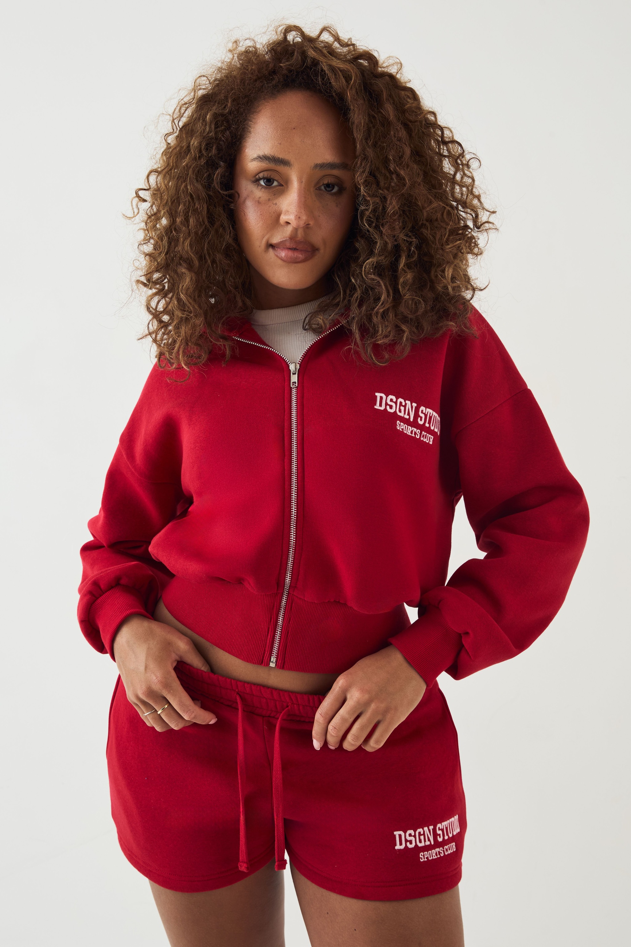 DSGN Studio DSGN Studio Applique Boxy Crop Zip Through Hoodie Red