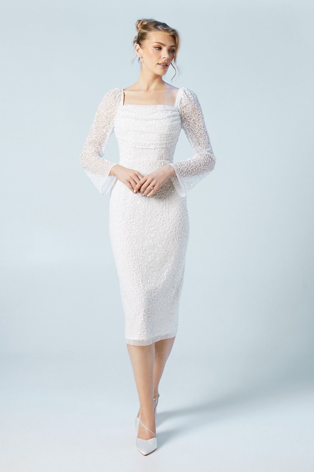 Coast Sequin Flare Sleeve Column Wedding Midi Dress Ivory image 1