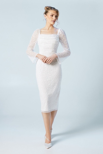 Coast Sequin Flare Sleeve Column Wedding Midi Dress Ivory
