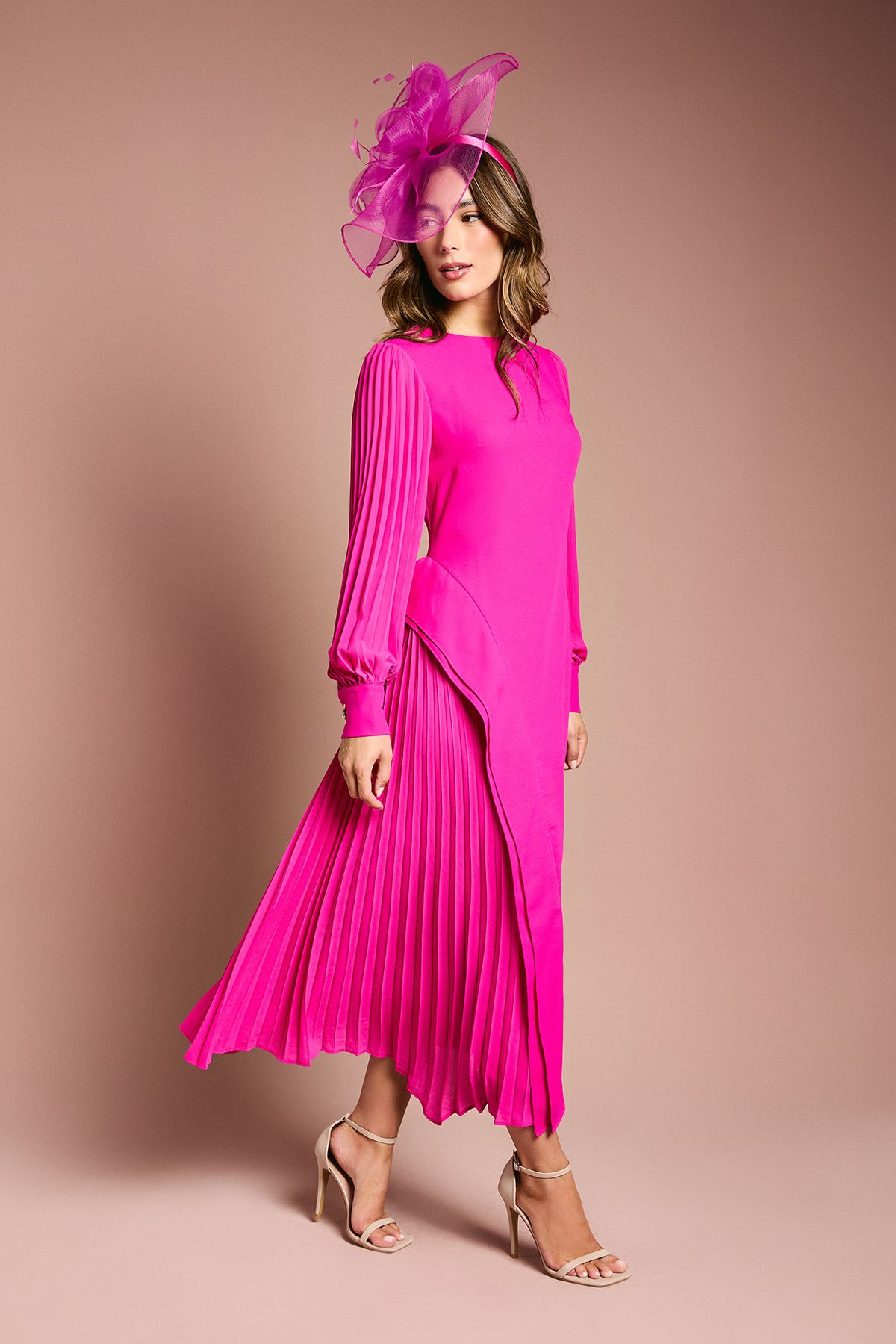 Coast Pink Long Sleeve Pleated Crepe Maxi Dress PLT