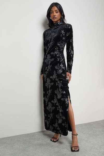 Warehouse Velvet Sequin High Neck Backless Midaxi Dress Silver