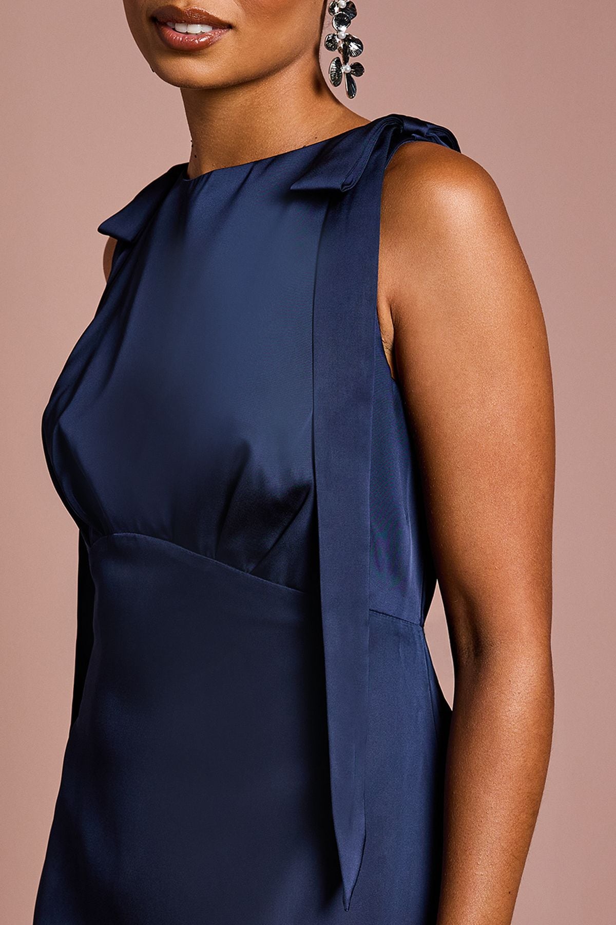 Coast Coast Honoured Petite Sleeveless High Neck Tie Shoulder Satin Maxi Bridesmaid Dress Navy image 5