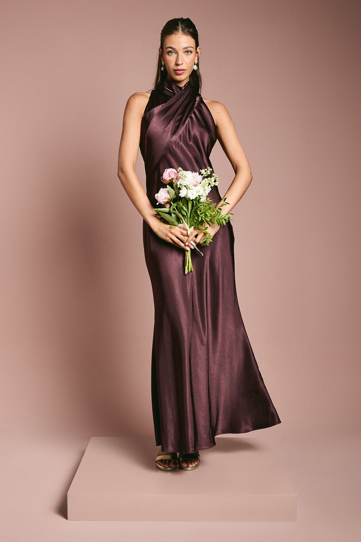 Coast Satin Bias Cut High Neck Fishtail Bridesmaid Maxi Dress Espresso image 1