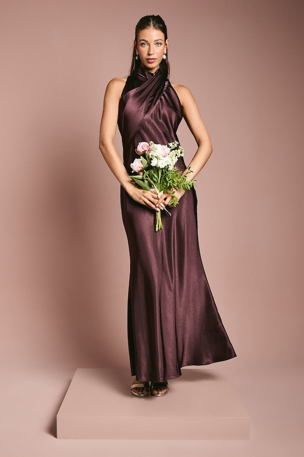 Coast Satin Bias Cut High Neck Fishtail Bridesmaid Maxi Dress Espresso