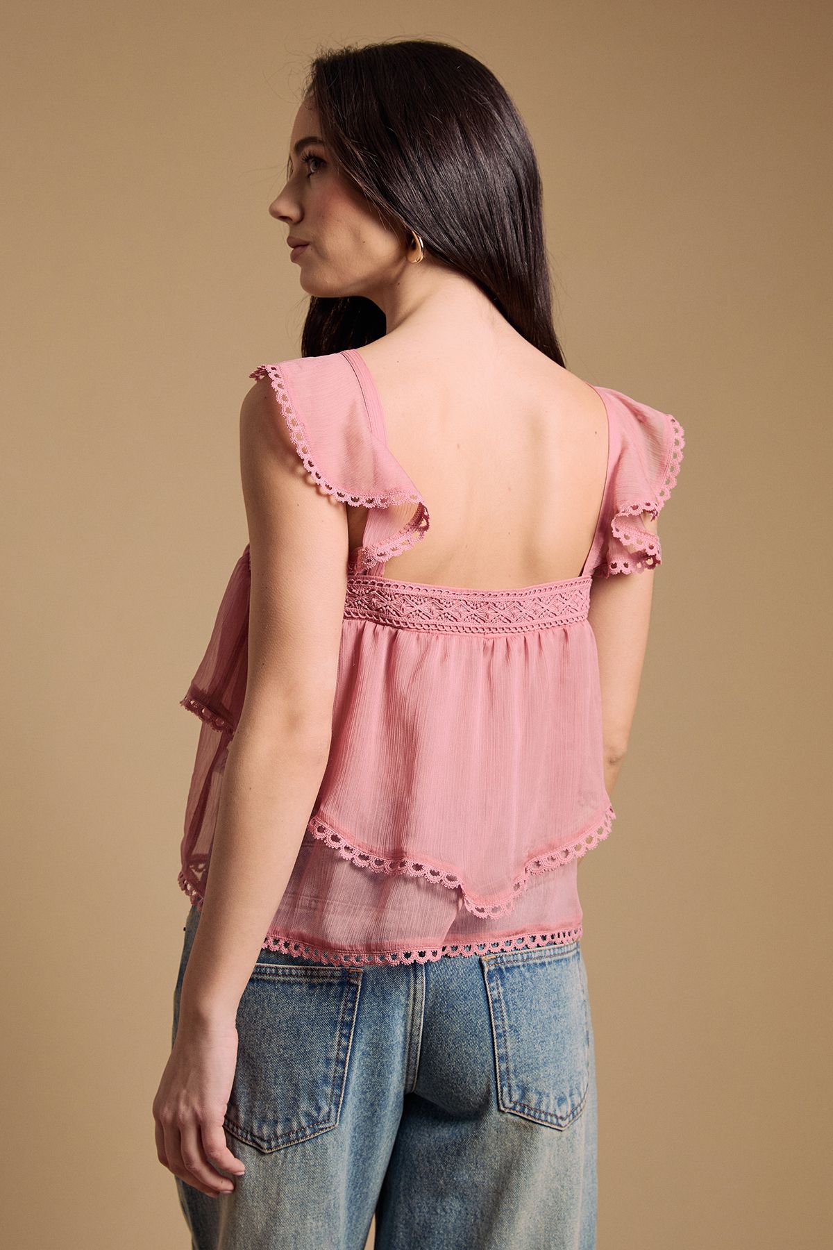 Oasis Tiered Frill Sleeve Western Cami Top Blushed Pink image 3