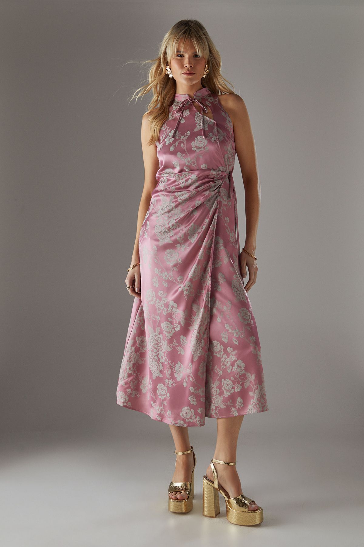 Warehouse Satin Jacquard Tie Racer Wrap Midi Dress Green