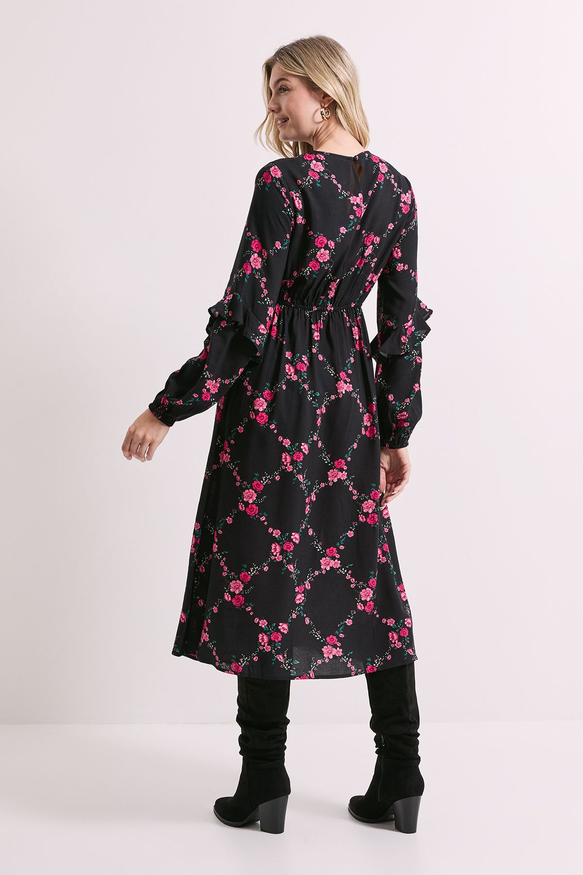 Dorothy Perkins Black Floral Ruffle Blouson Sleeve Empire Seam Midi Dress Floral image 4