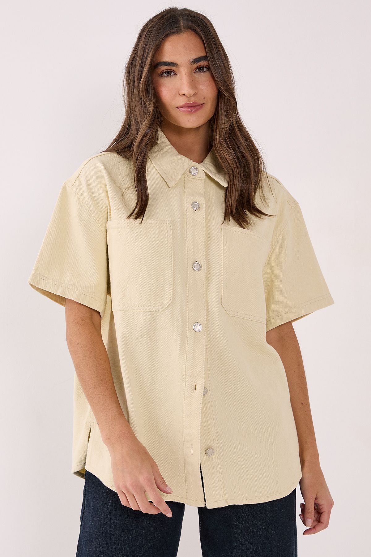NastyGal Denim Short Sleeve Oversized Shirt Ecru image 2