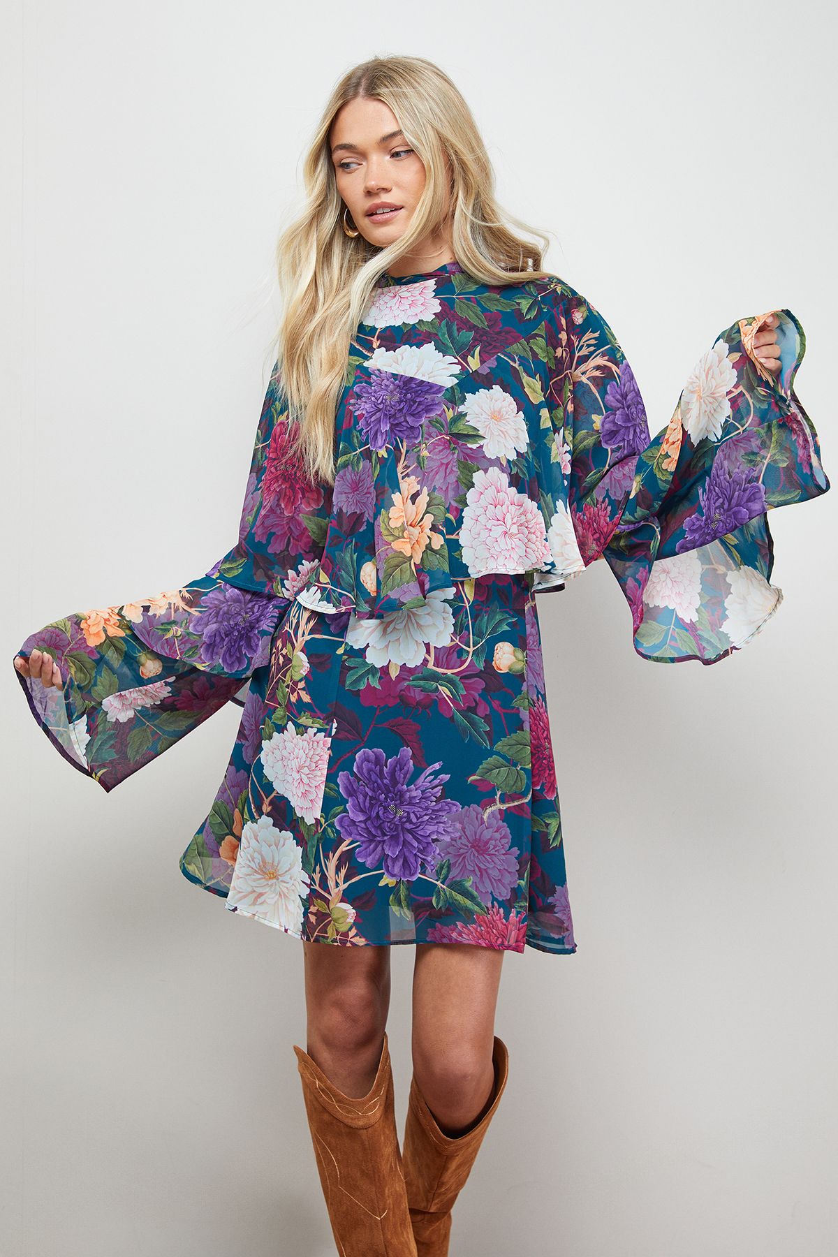 Oasis Ruffled Cape Sleeve Mini Dress Floral image 4