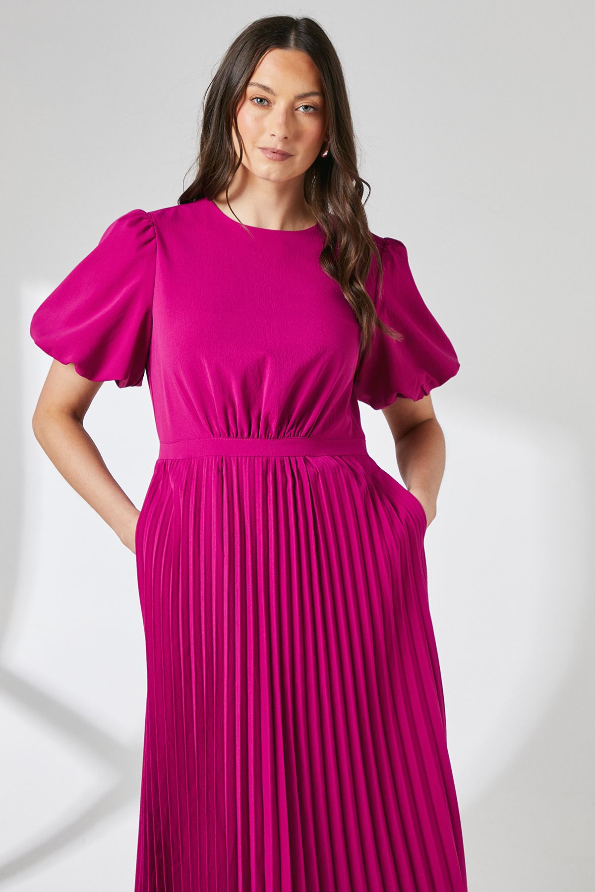 Principles Raspberry Puff Sleeve Pleated Midi Dress Raspberry image 2