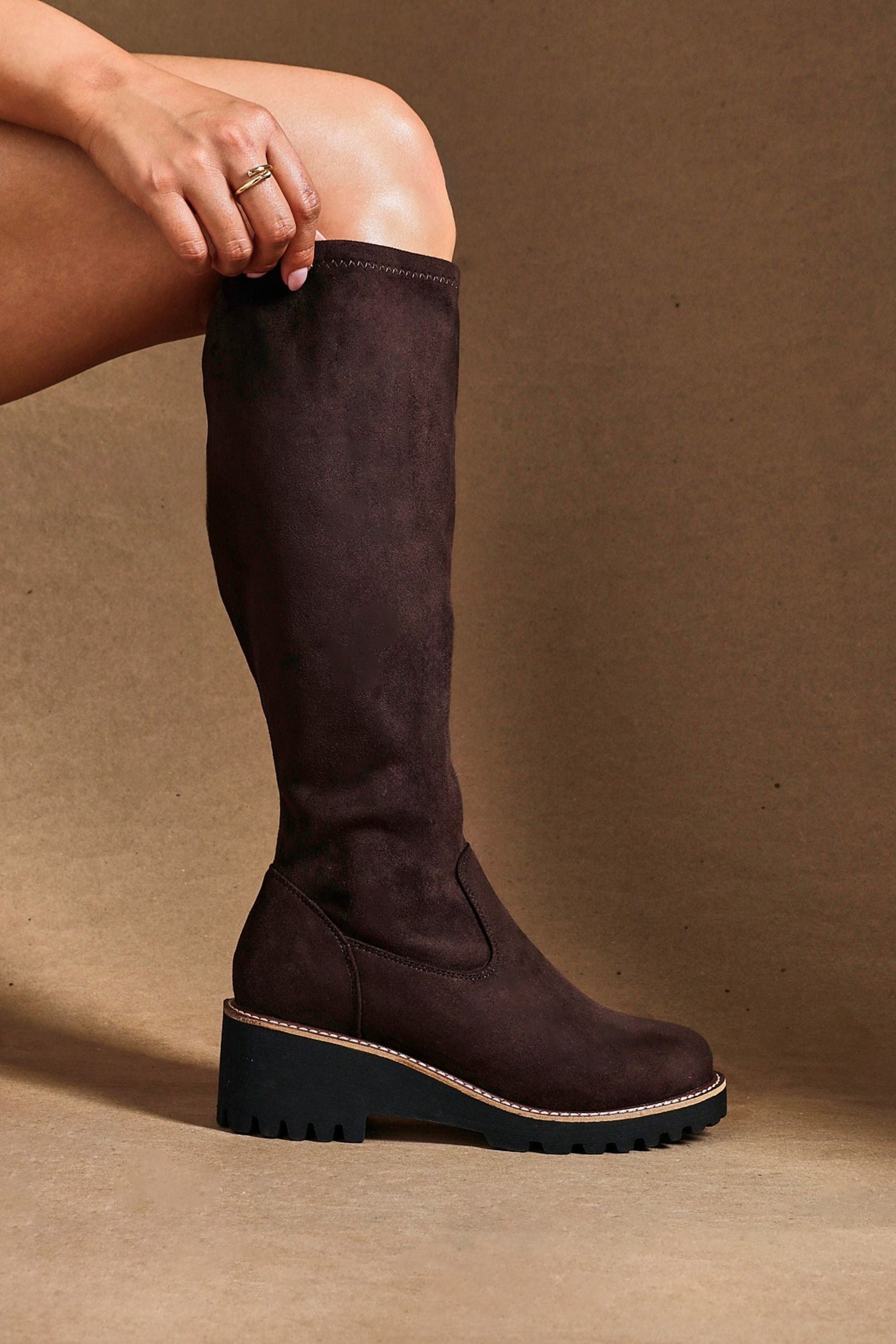 Linzi Maintain Wide Fit Brown Faux Suede Stretch High Leg Wedge Boot image 6