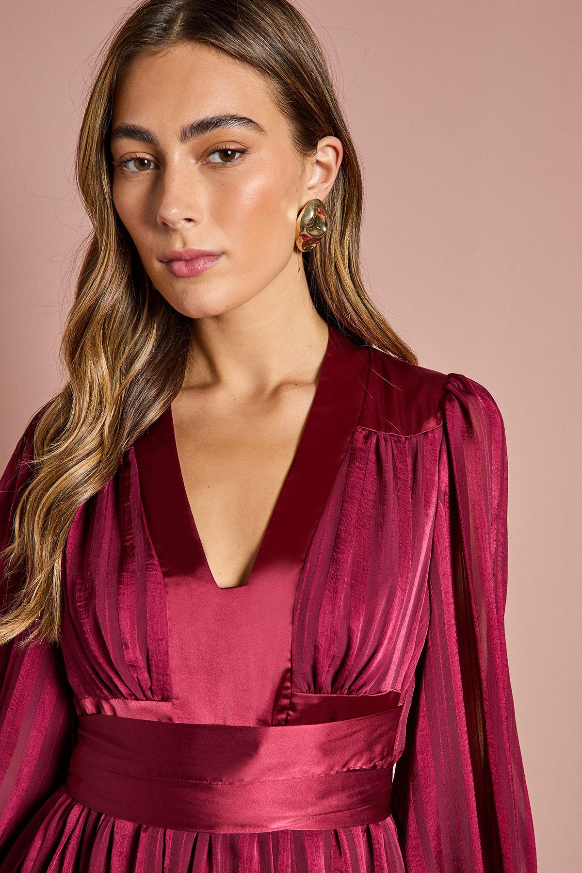 Coast Long Sleeve Stripe Jacquard Maxi V Neck Dress Burgundy image 4