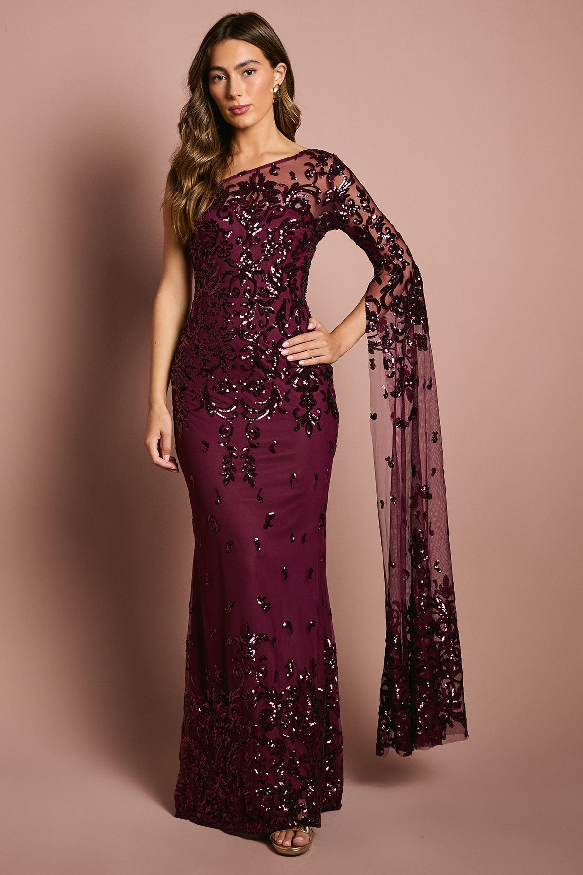 Coast Burgundy One Shoulder Maxi Dress In Lace With Cape Sleeve PLT
