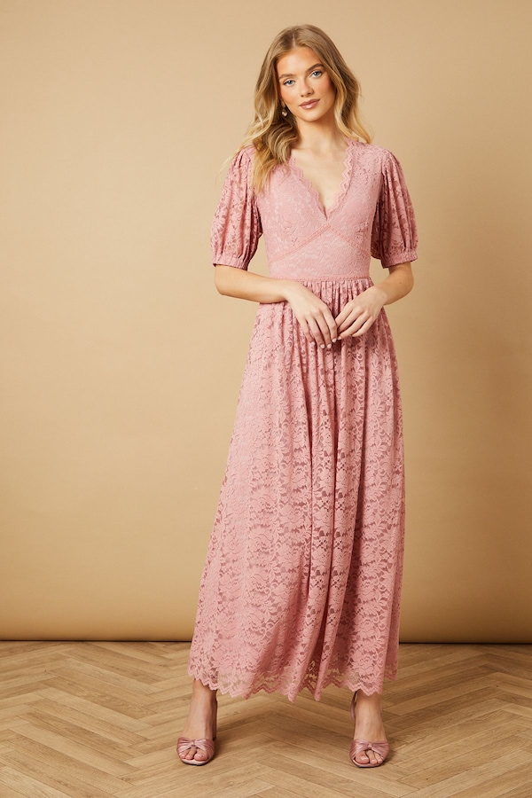 Oasis Lace Puff Sleeve V Neck Midaxi Dress Dusty Pink