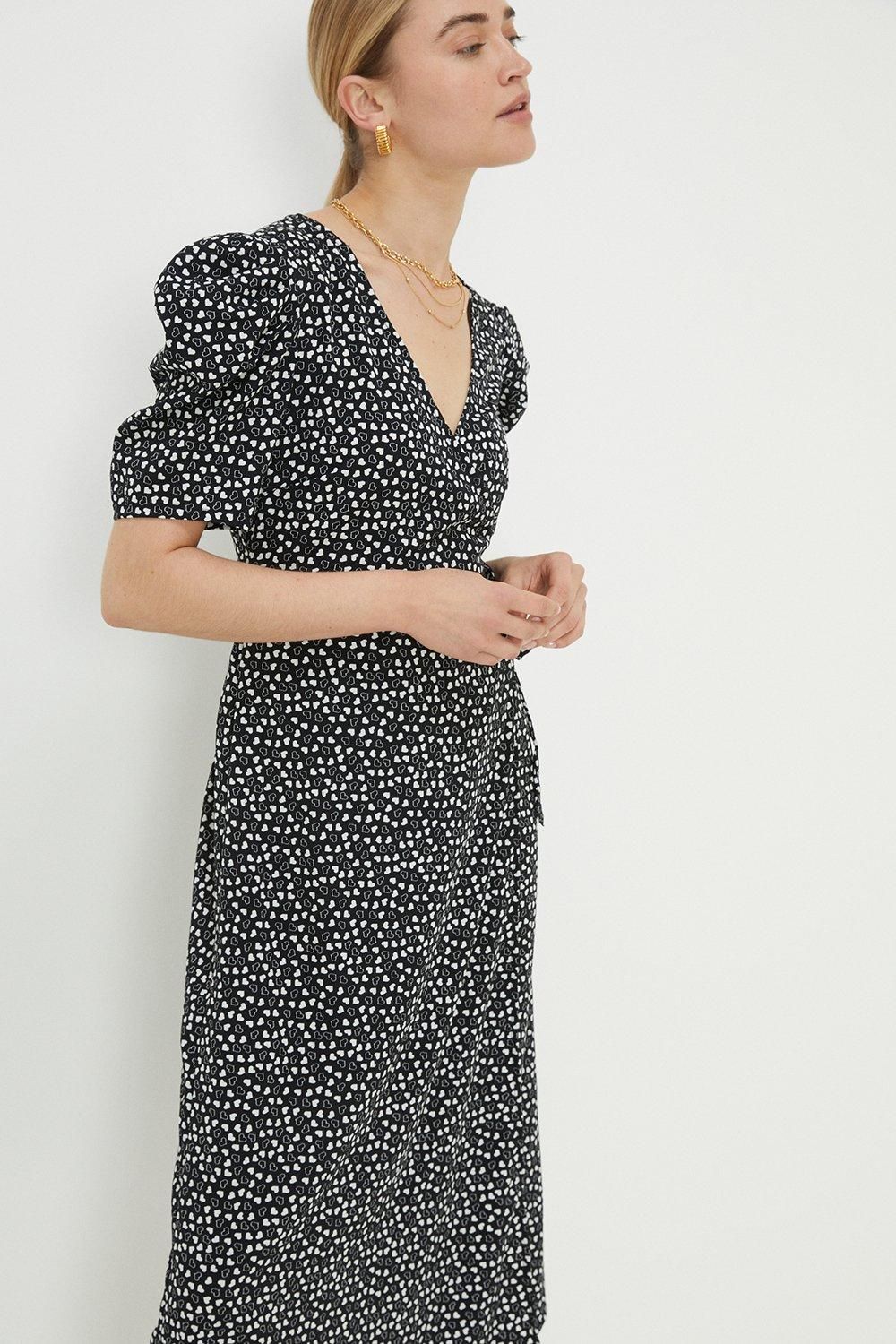 Dorothy Perkins Heart Print Puff Sleeve Wrap Midi Dress Mono image 1