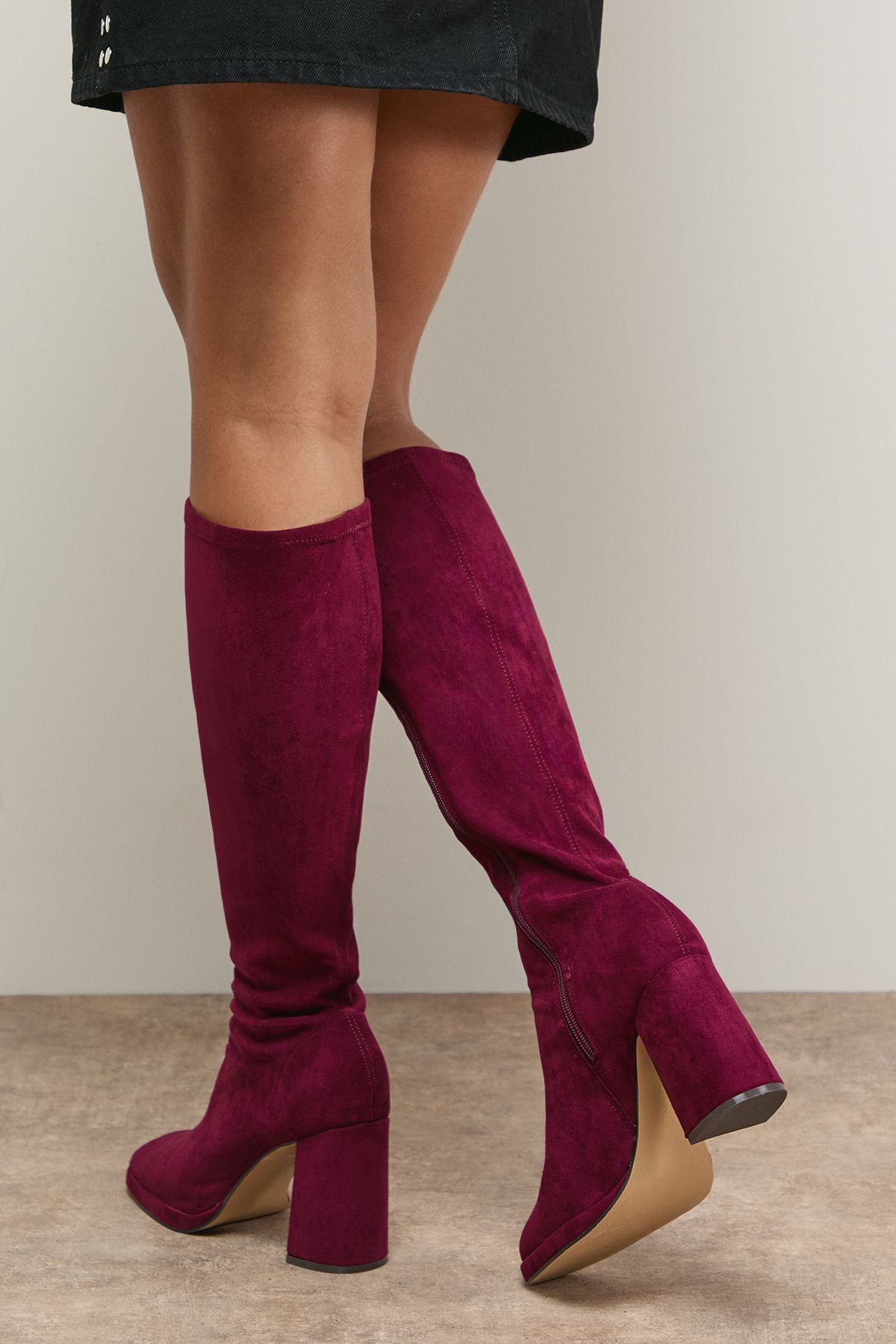 Oasis Florence Faux Suede Platform Block Heel Sock Knee Boots Burgundy image 4