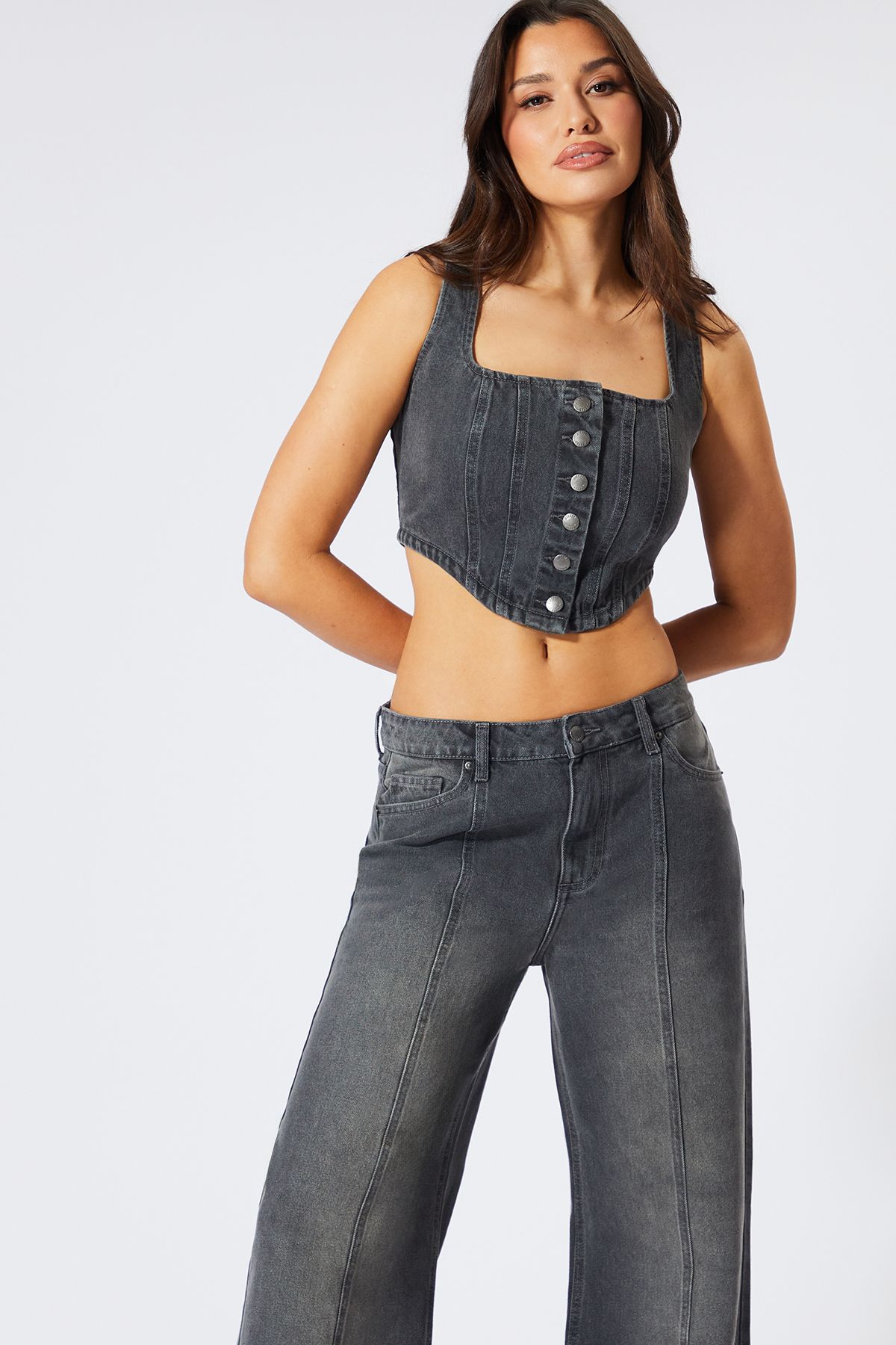 MissPap Denim Seam Front Wide Leg Jeans Grey image 3