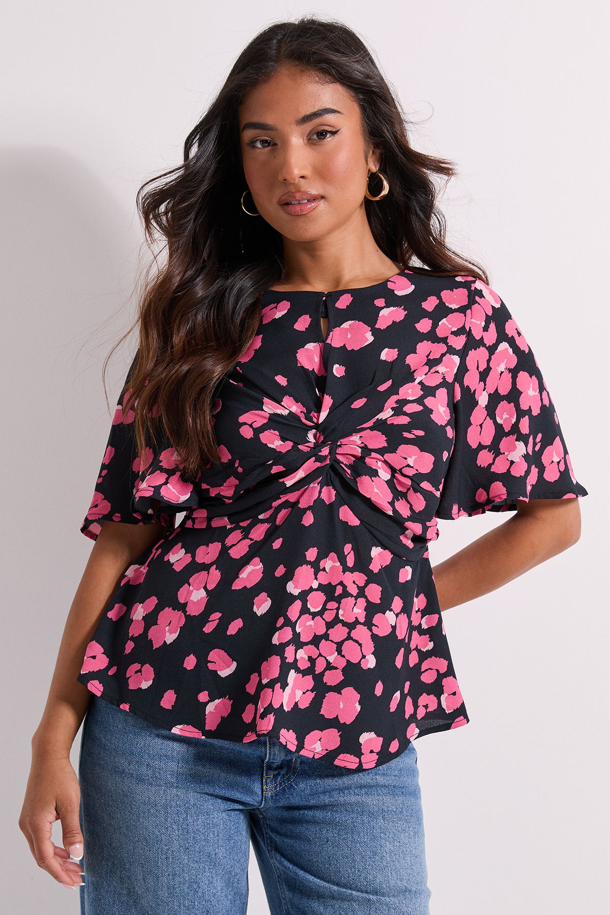 Dorothy Perkins Petite Pink Animal Twist Front Angel Sleeve Top Animal