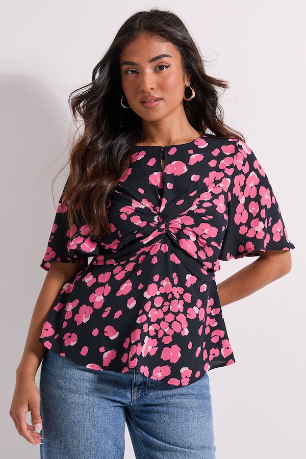 Dorothy Perkins Petite Pink Animal Twist Front Angel Sleeve Top Animal