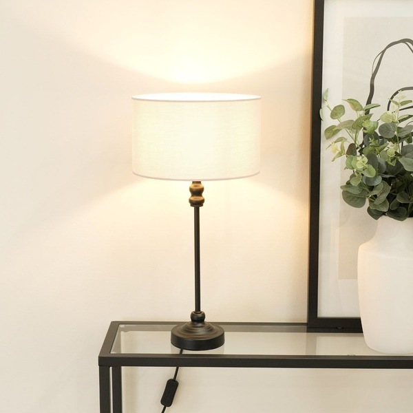 ValueLights Maggie Black Metal Candlestick Table Lamp with Fabric Drum Shade and LED Bulb